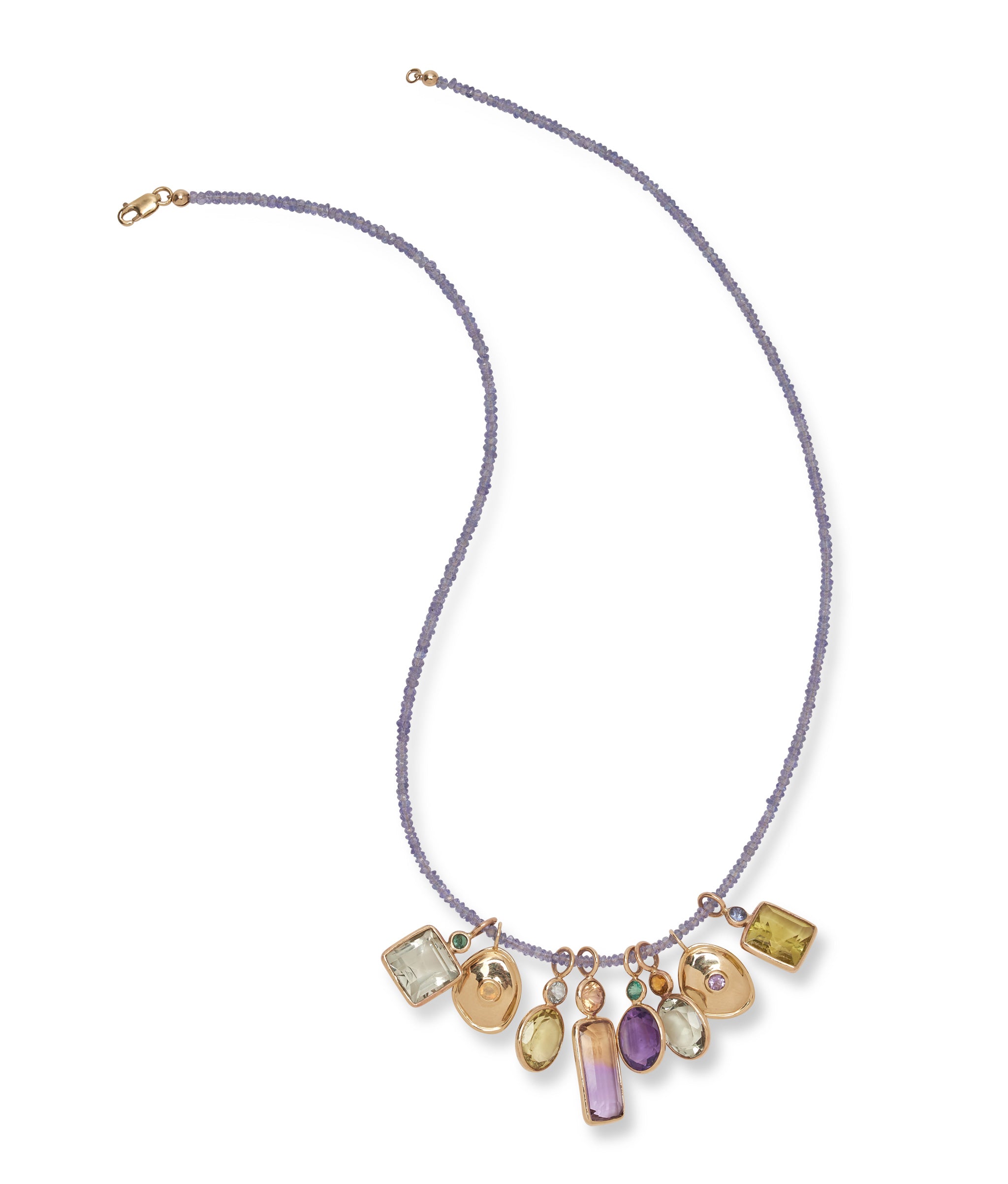Tiny Beaded 14k Gold and Tanzanite Necklace with assorted semiprecious charms.