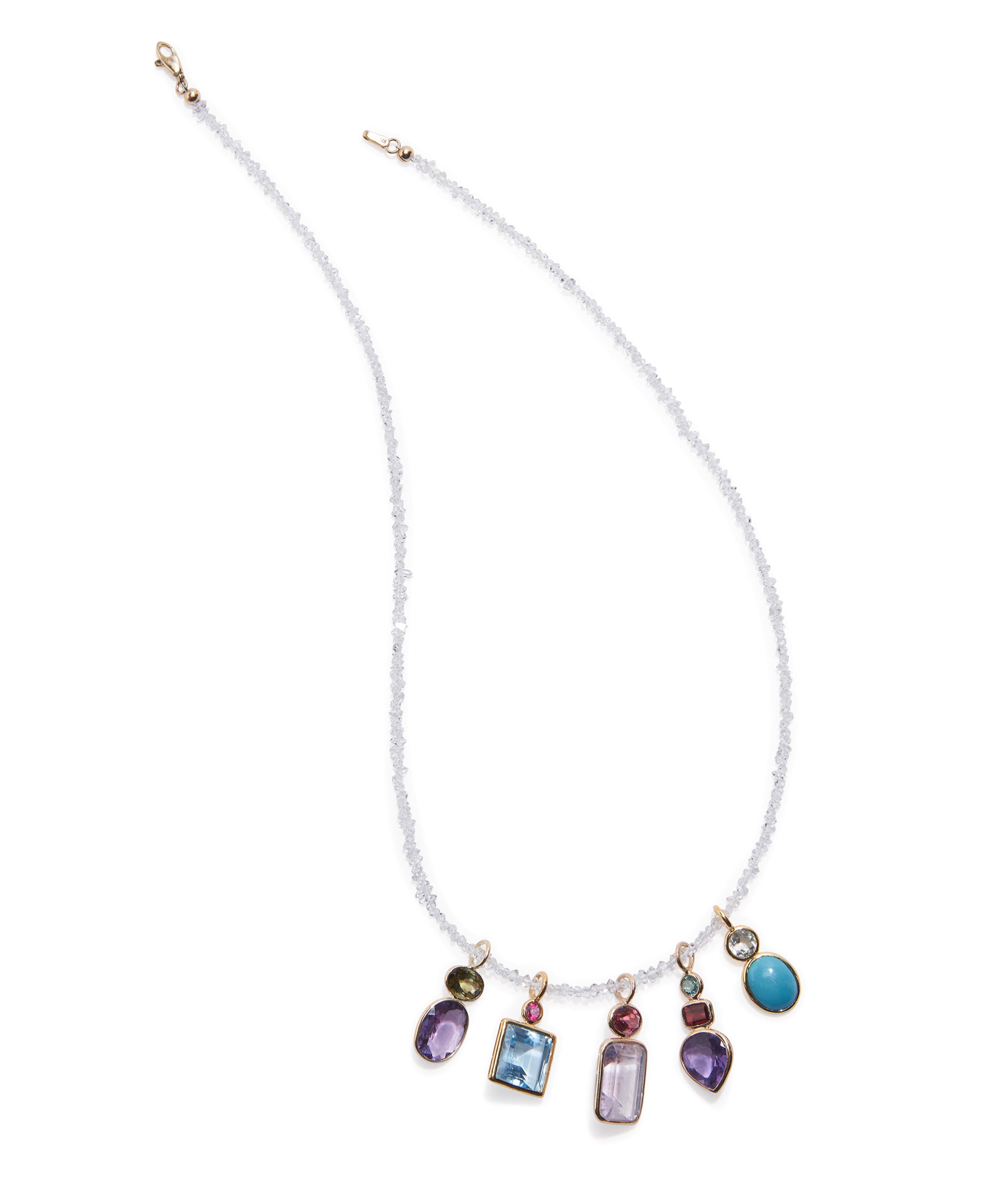 Tiny Beaded 14k Gold and Herkimer Diamond Quartz Necklace with with assorted colorful semiprecious charms