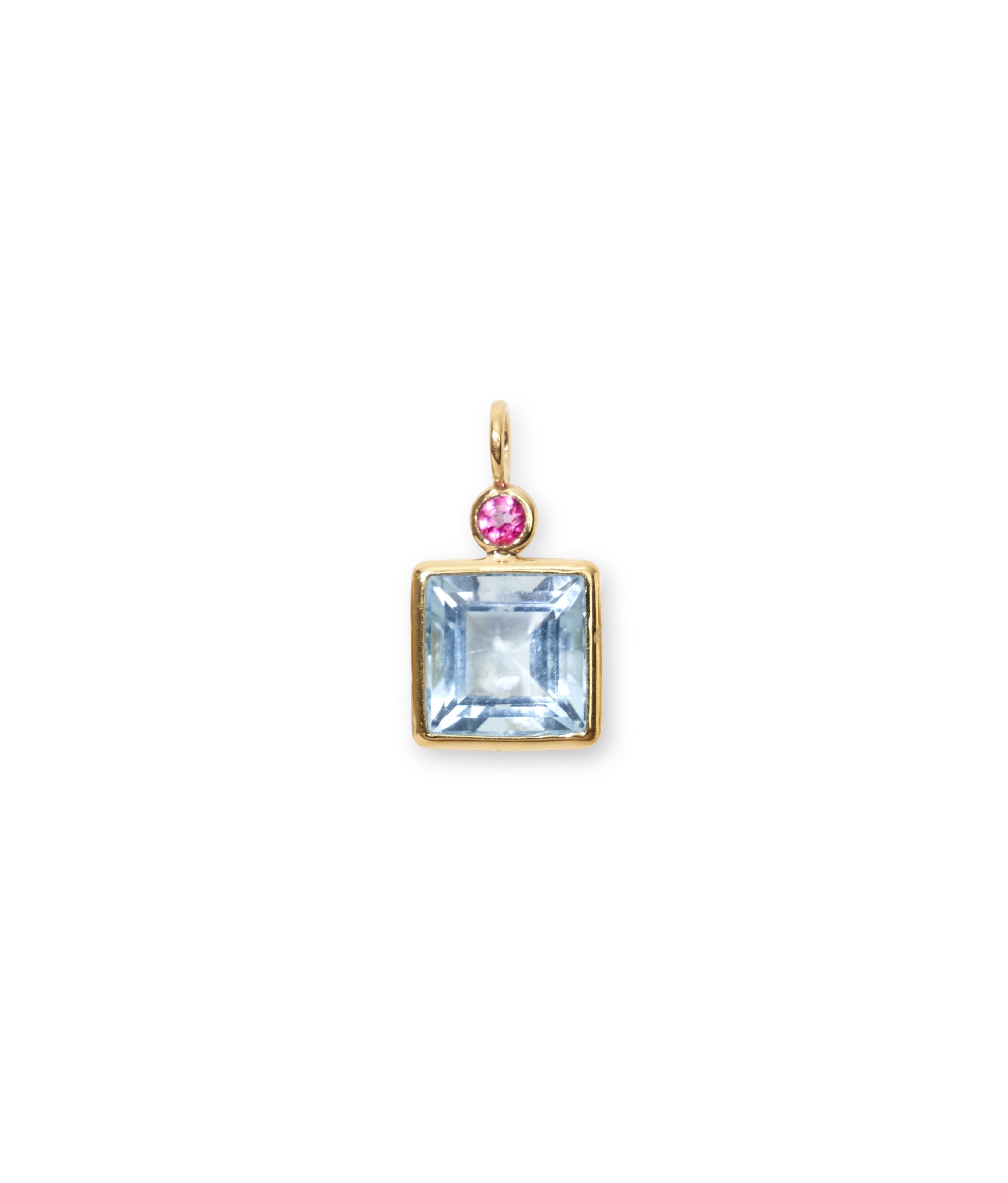 Pink & Sky Blue Topaz 14k Gold Necklace Charm. Small round pink topaz with blue topaz square and gold bezels.