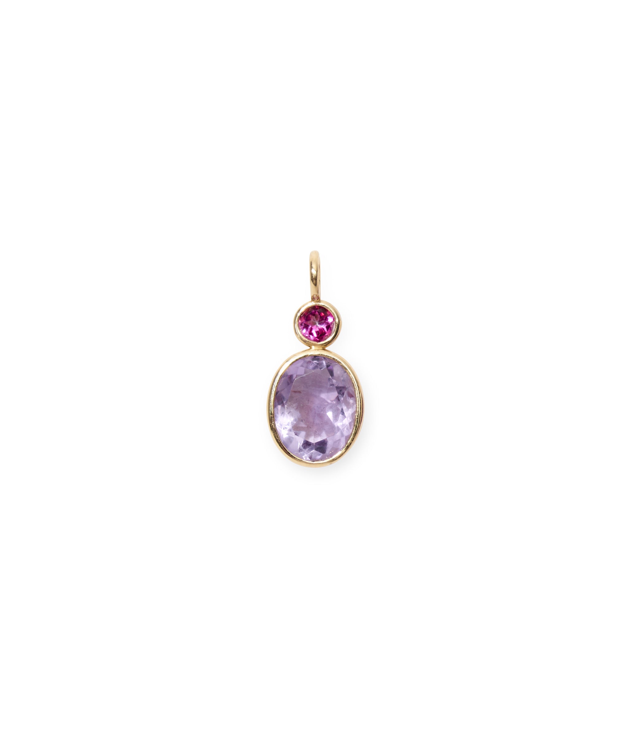 Pink Topaz & Light Pink Amethyst 14k Gold Necklace Charm. Faceted pink topaz round with amethyst oval and gold bezels