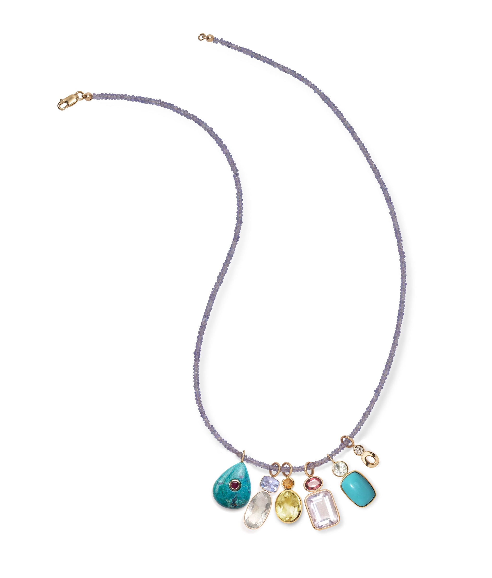 Stacked Oblong 14k Gold Necklace Charm in Green Amethyst & Turquoise Cabochon on a fine mood necklace with other charms.