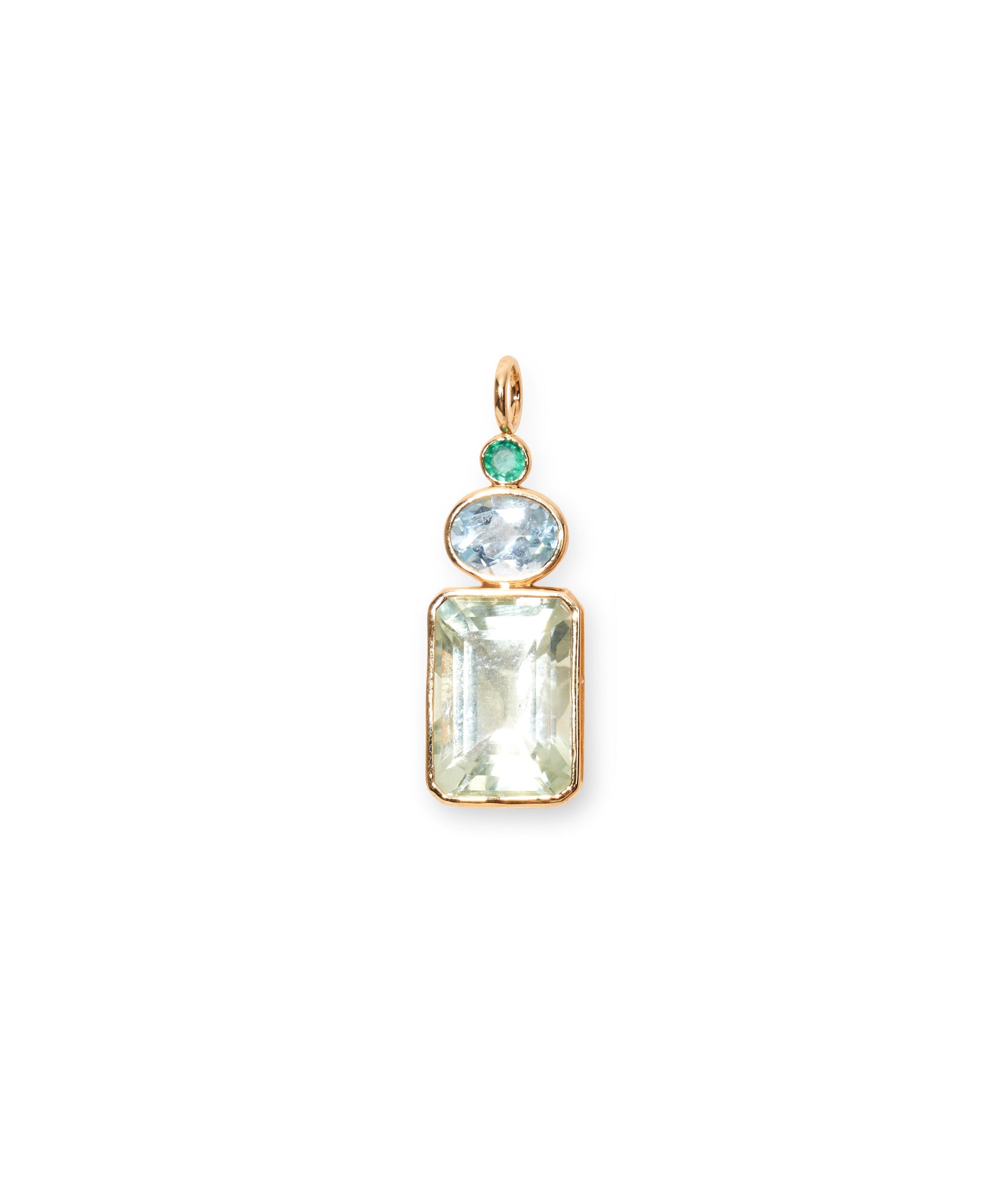 Emerald, Sky Blue Topaz & Green Amethyst 14k Gold Necklace Charm. Faceted emerald circle, topaz oval and amethyst baguette 