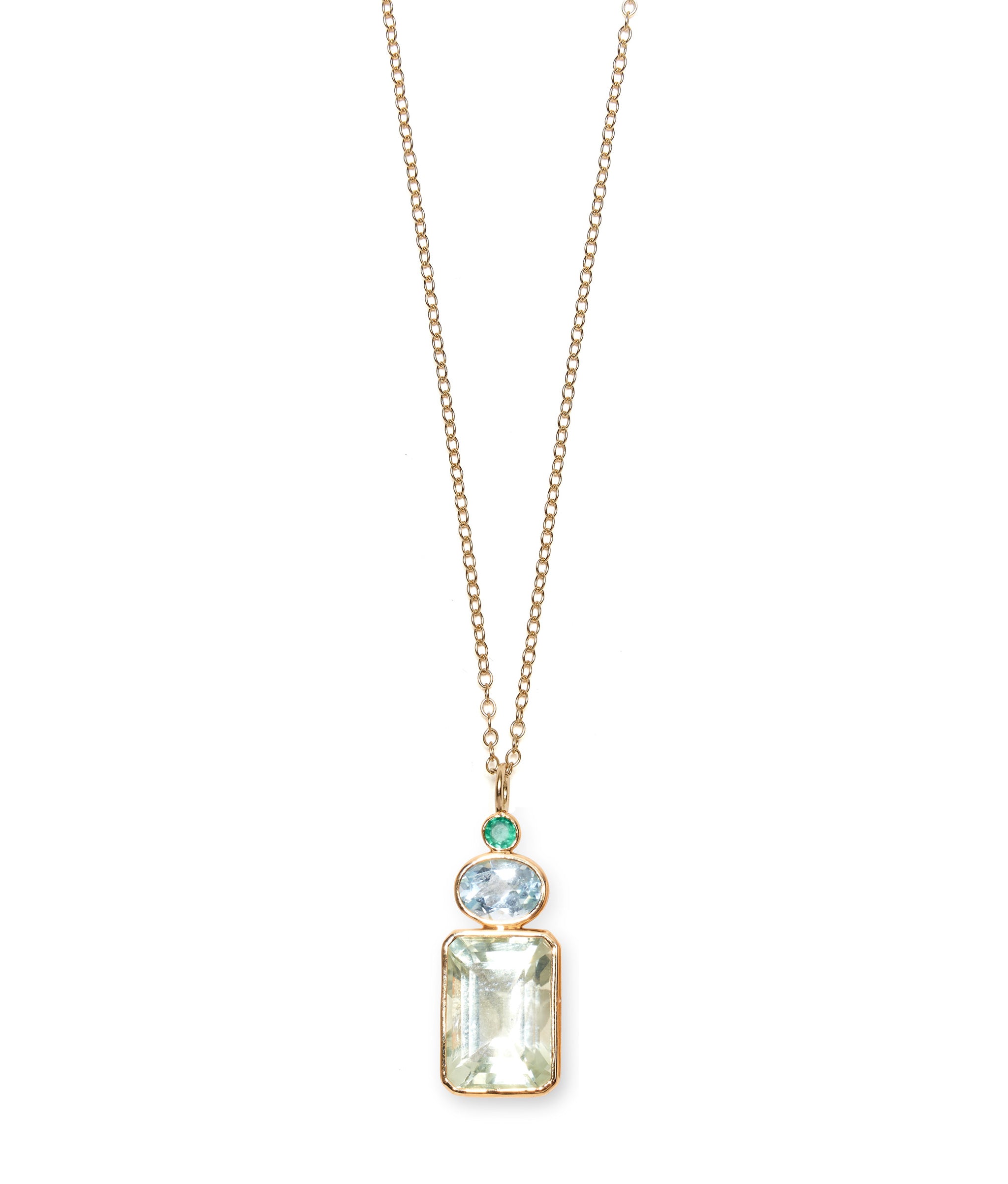 Close-up of gold chain with Emerald, Sky Blue Topaz & Green Amethyst 14k Gold Necklace Charm