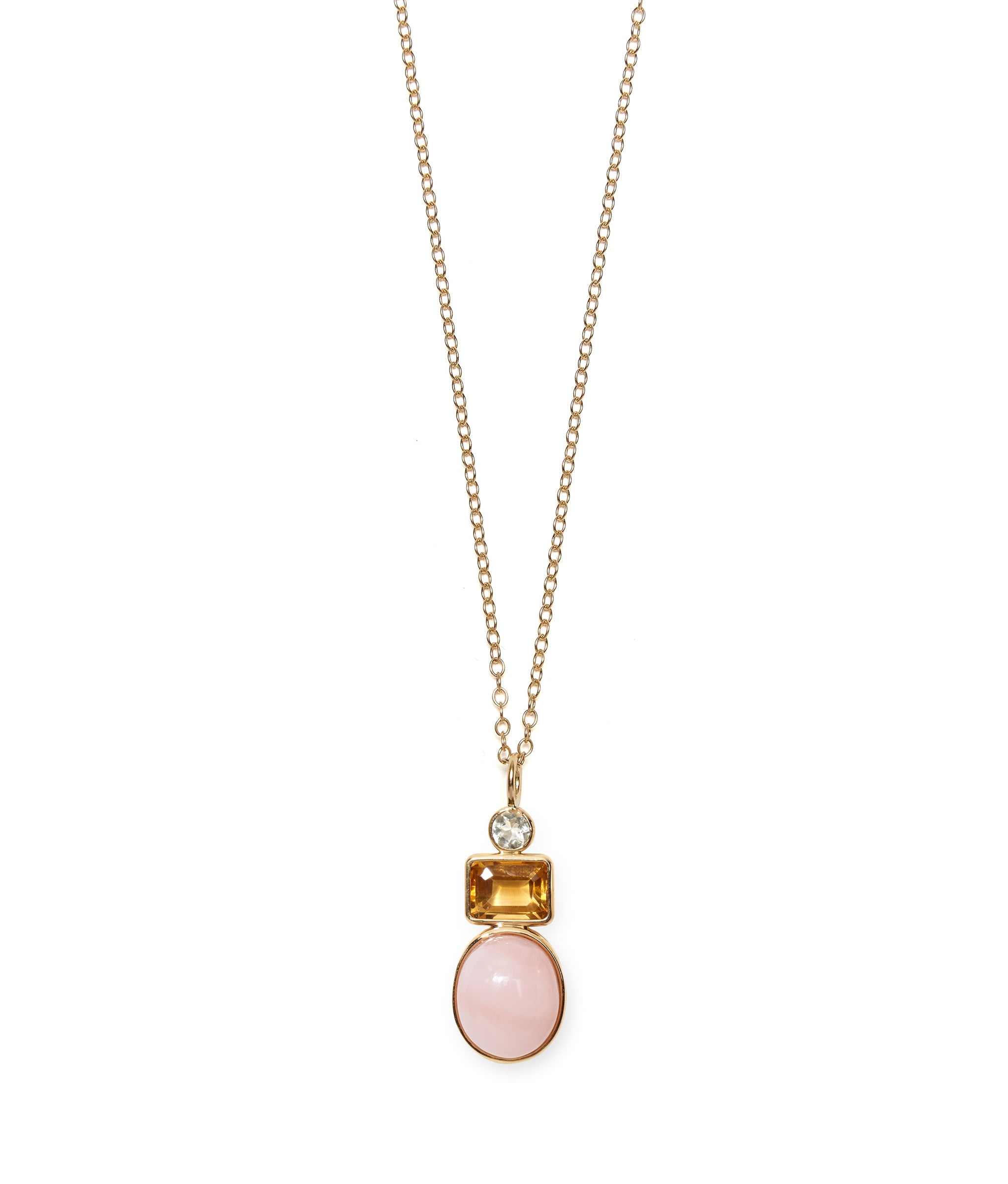 Oval Column 14k Gold Necklace Charm in Green Amethyst, Citrine & Pink Opal Cabochon close-up on a fine mood chain.
