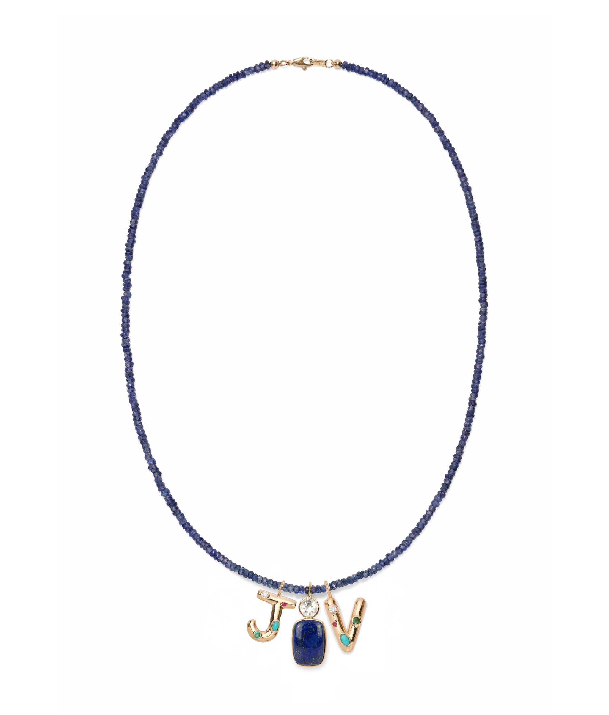 Stacked Oblong 14k Gold Necklace Charm in Green Amethyst & Lapis Cabochon