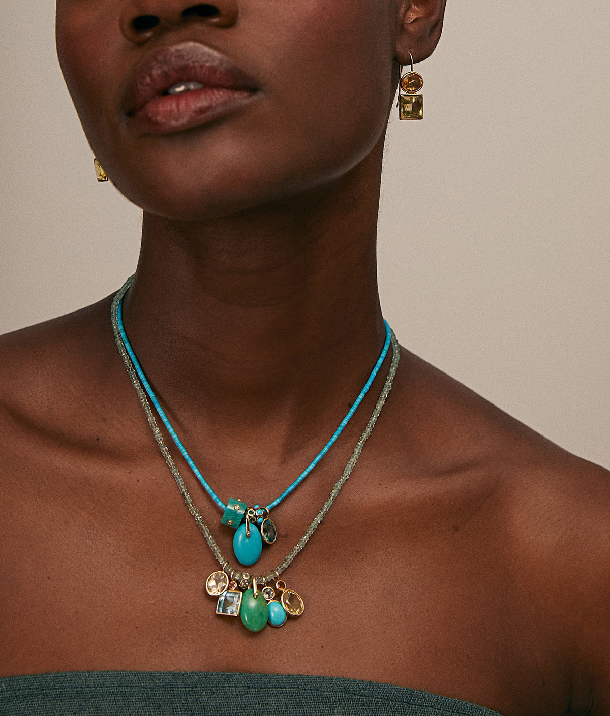 14k Gold Rondelle Charm in Amazonite & Blue Topaz