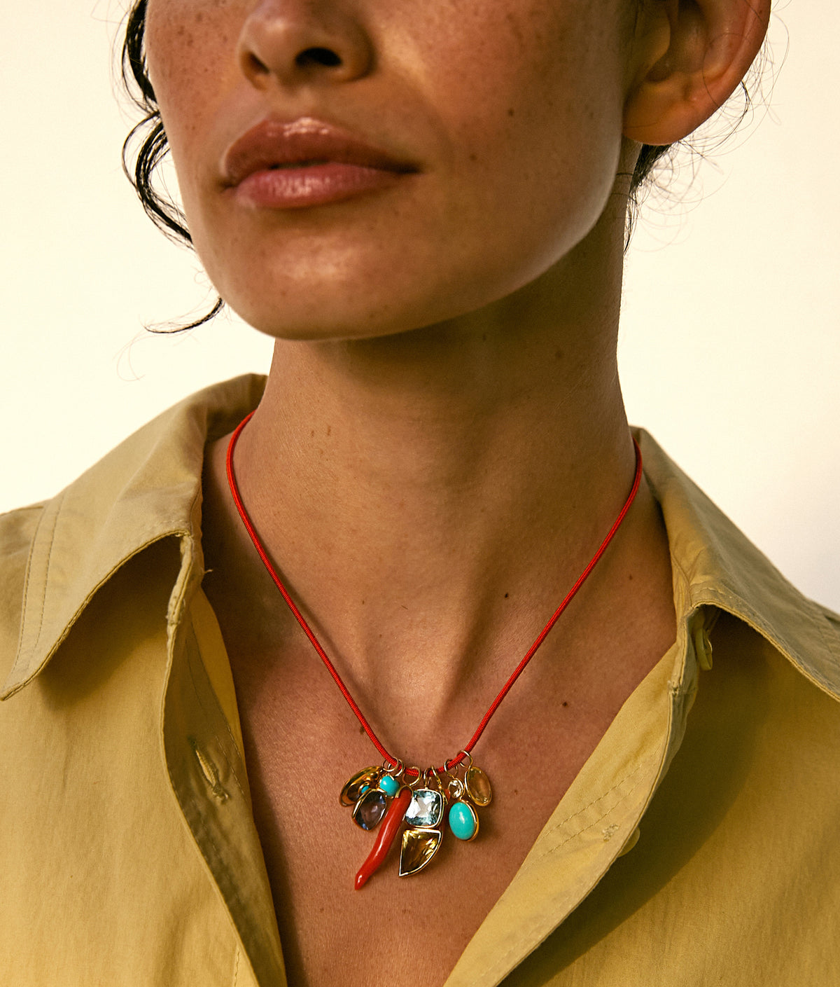 Fin 14k Gold Necklace Charm in Sky Blue Topaz & Olive Quartz