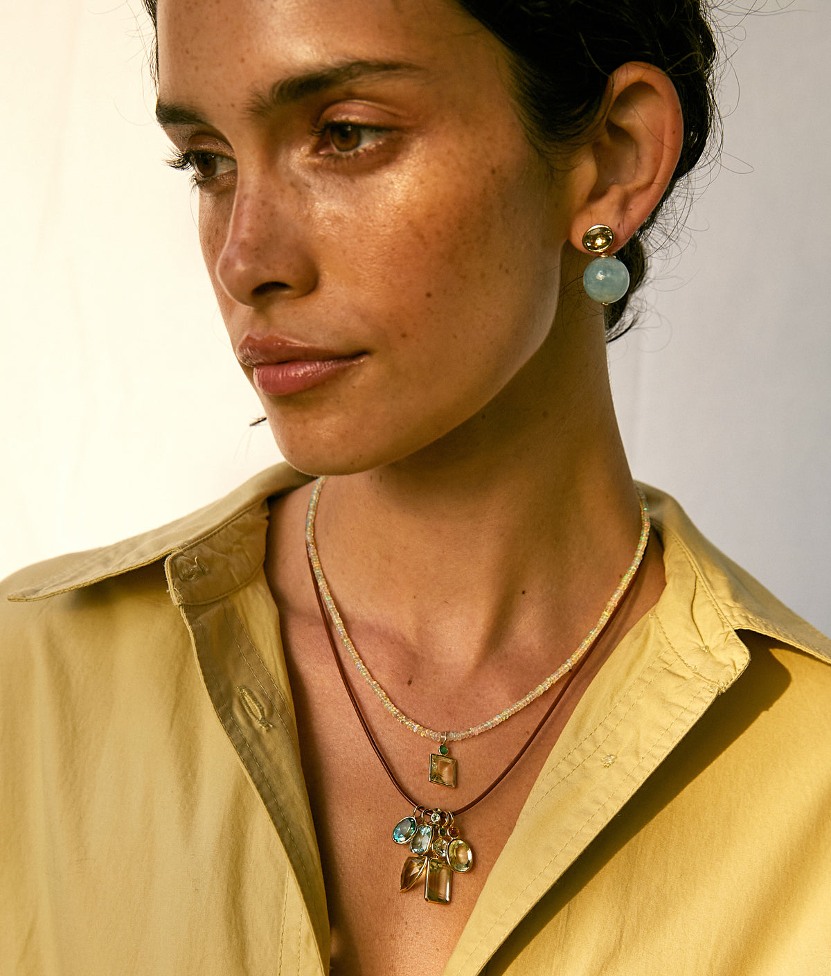 Fin 14k Gold Necklace Charm in Sky Blue Topaz & Olive Quartz