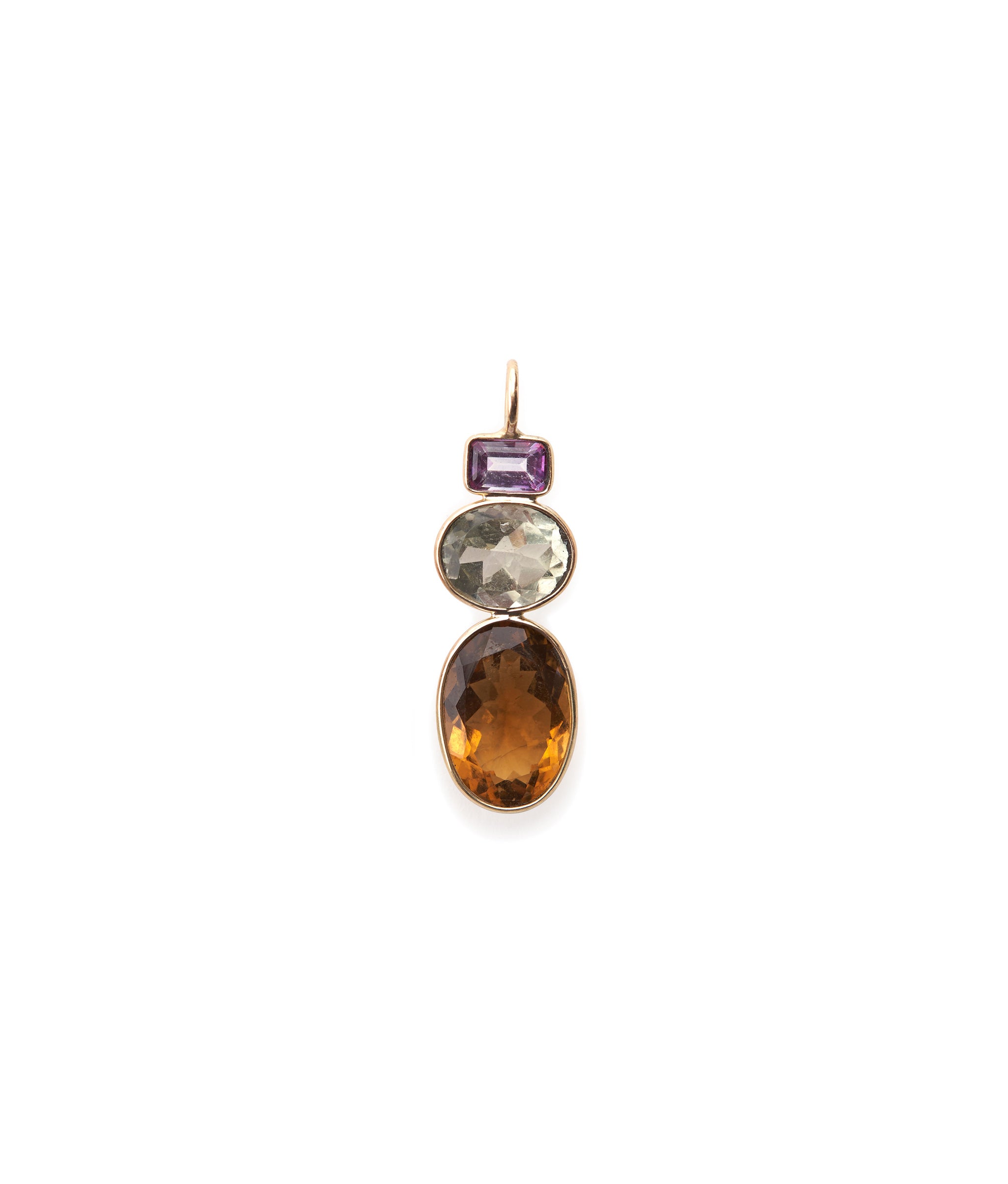 Tall Pink Topaz, Green Amethyst, & Beer Quartz 14k Gold Necklace Charm