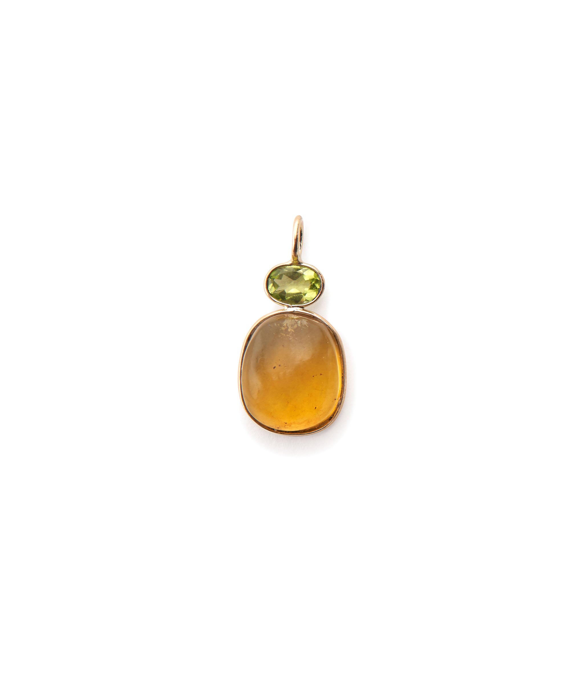 Green Tourmaline & Large Amber Cabochon 14k Gold Necklace Charm