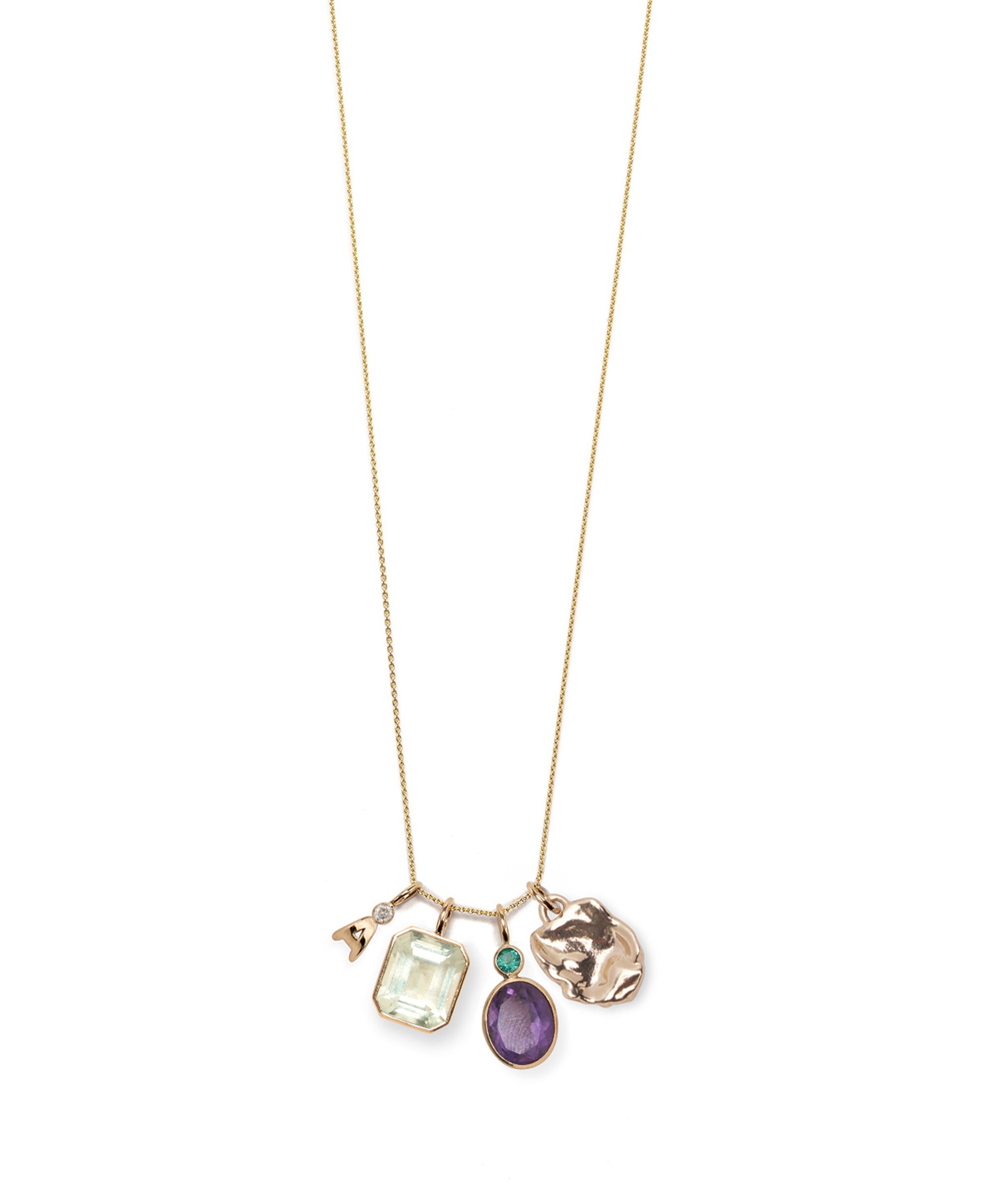 14K Gold Super Fine Chain Necklace with four gold and gemstone Mood Necklace Charms attached.