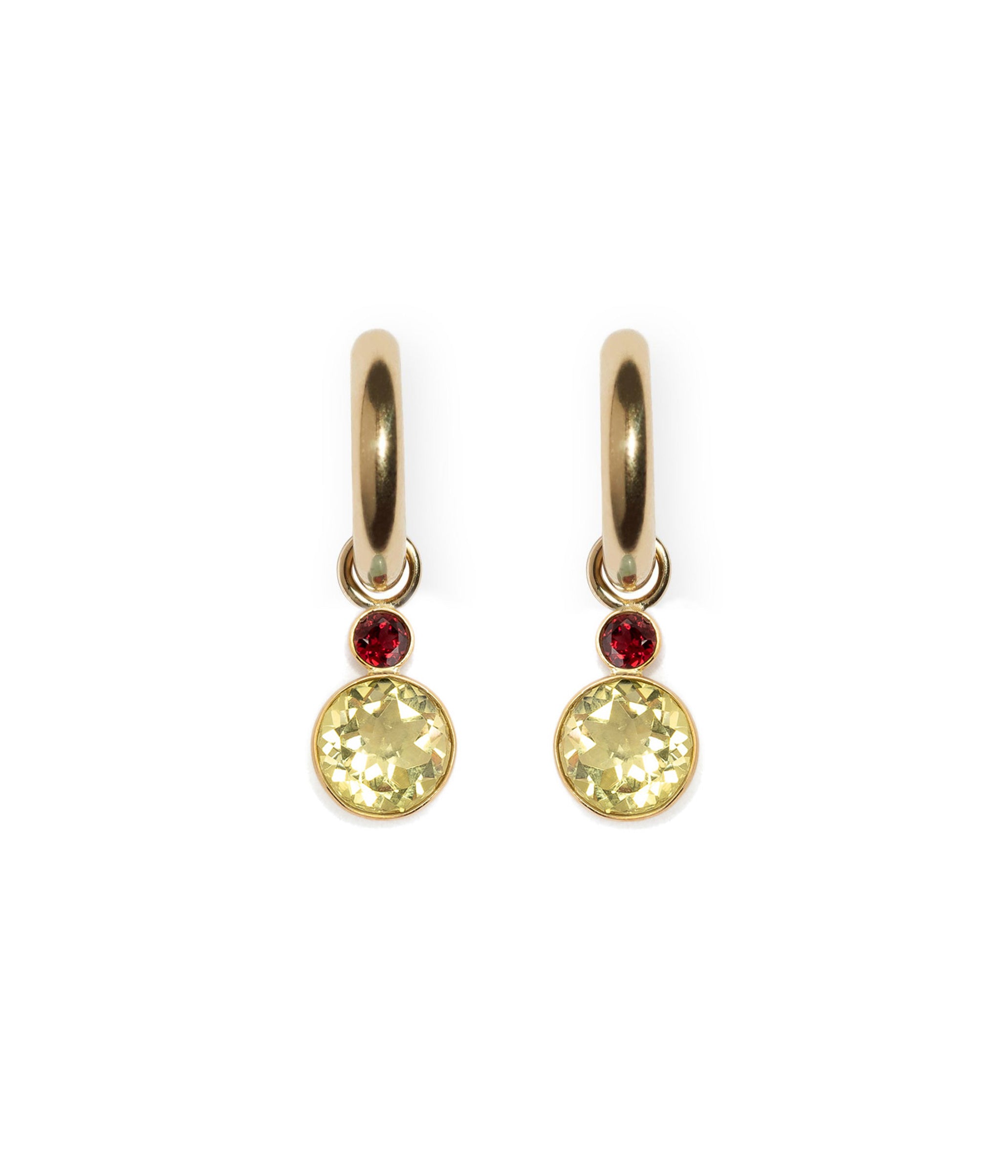 Fine Gold Mood Hoops with Garnet and Lemon Quartz 14k Earring Charms