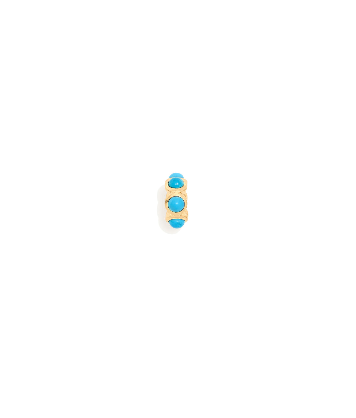 14k Gold Spacer in Turquoise. Circular bead charm with round turquoise cabachon wrapped in gold.