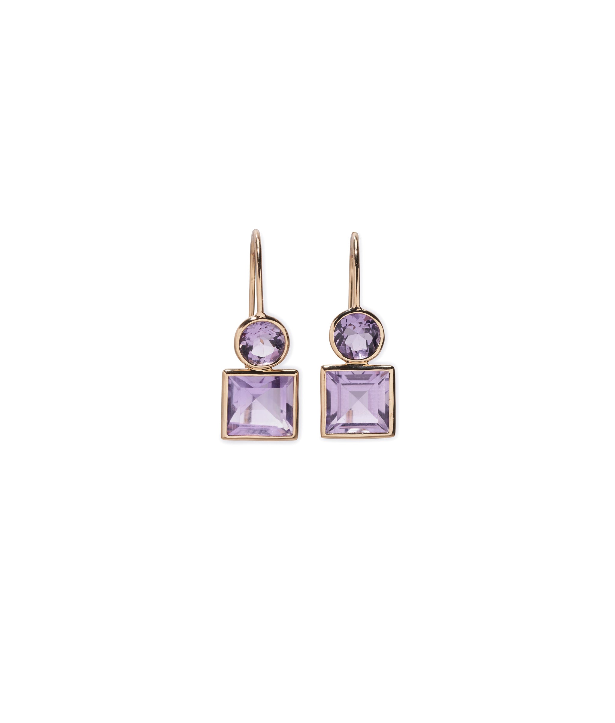 14k Pastille Earrings in Amethyst. Faceted round and square amethyst stone earrings with 14k gold bezels.