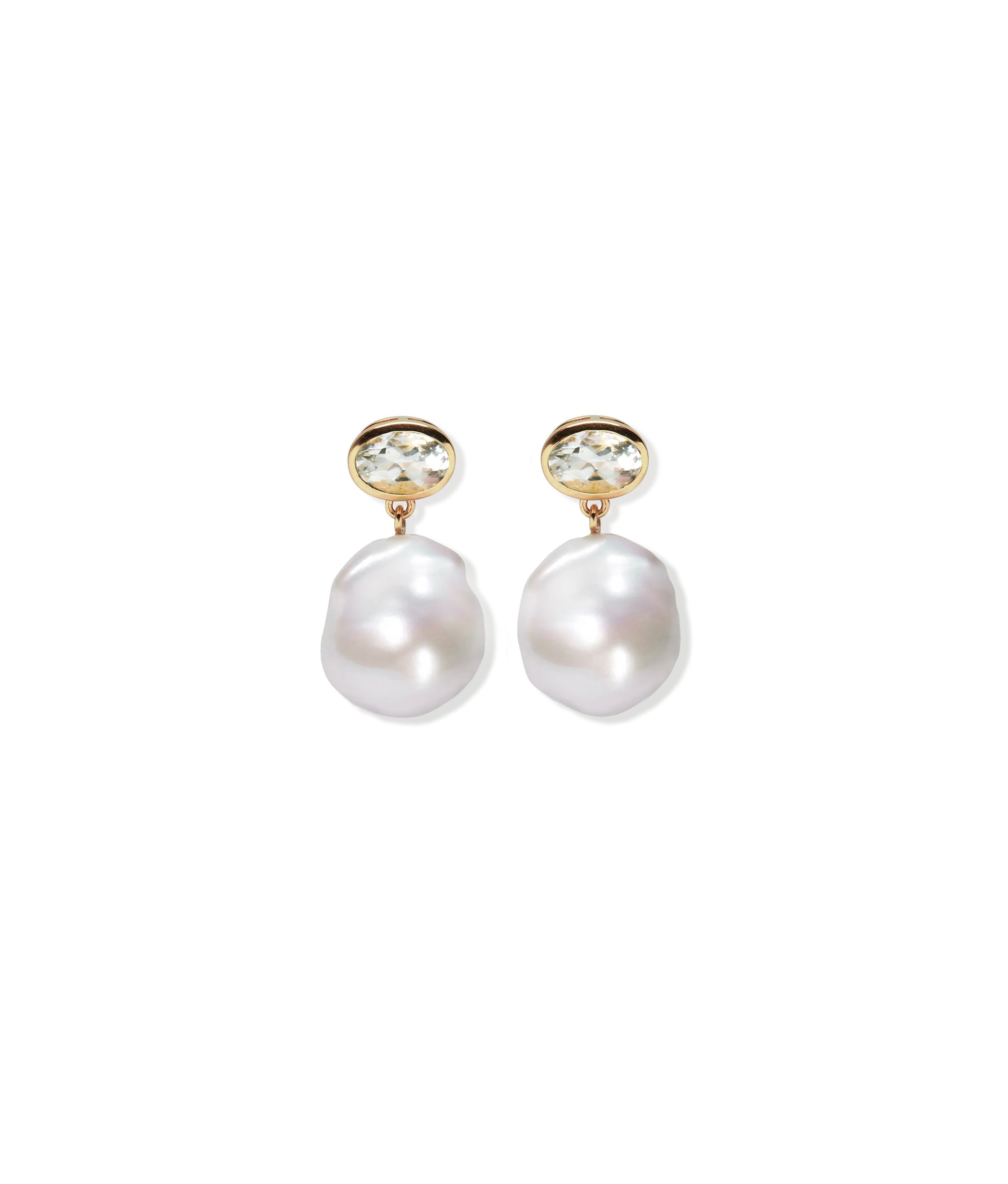 14k gold earrings with faceted semiprecious green amethyst tops and hanging baroque pearl drops.