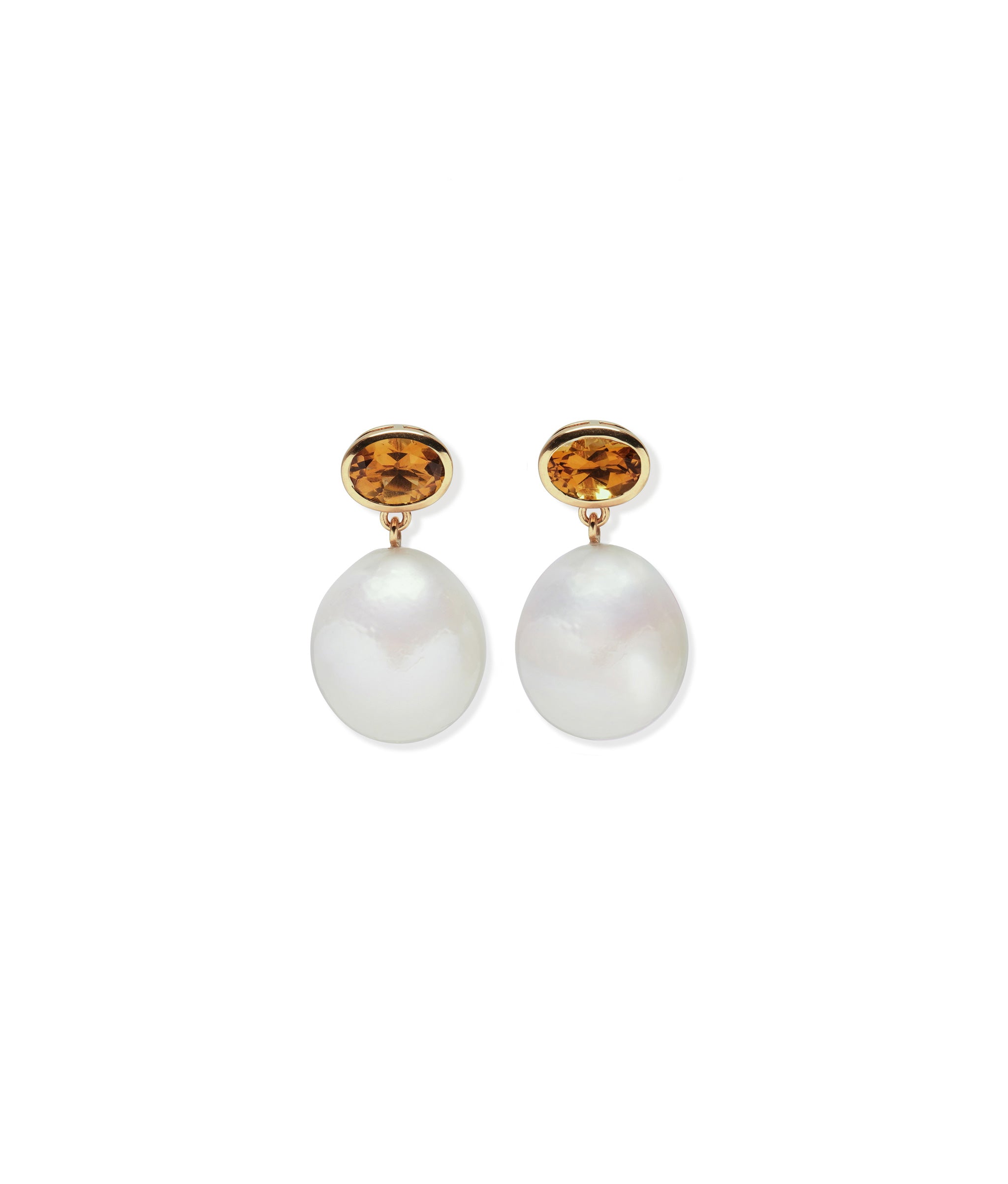 14k gold earrings with faceted semiprecious citrine tops and hanging baroque pearl drops.