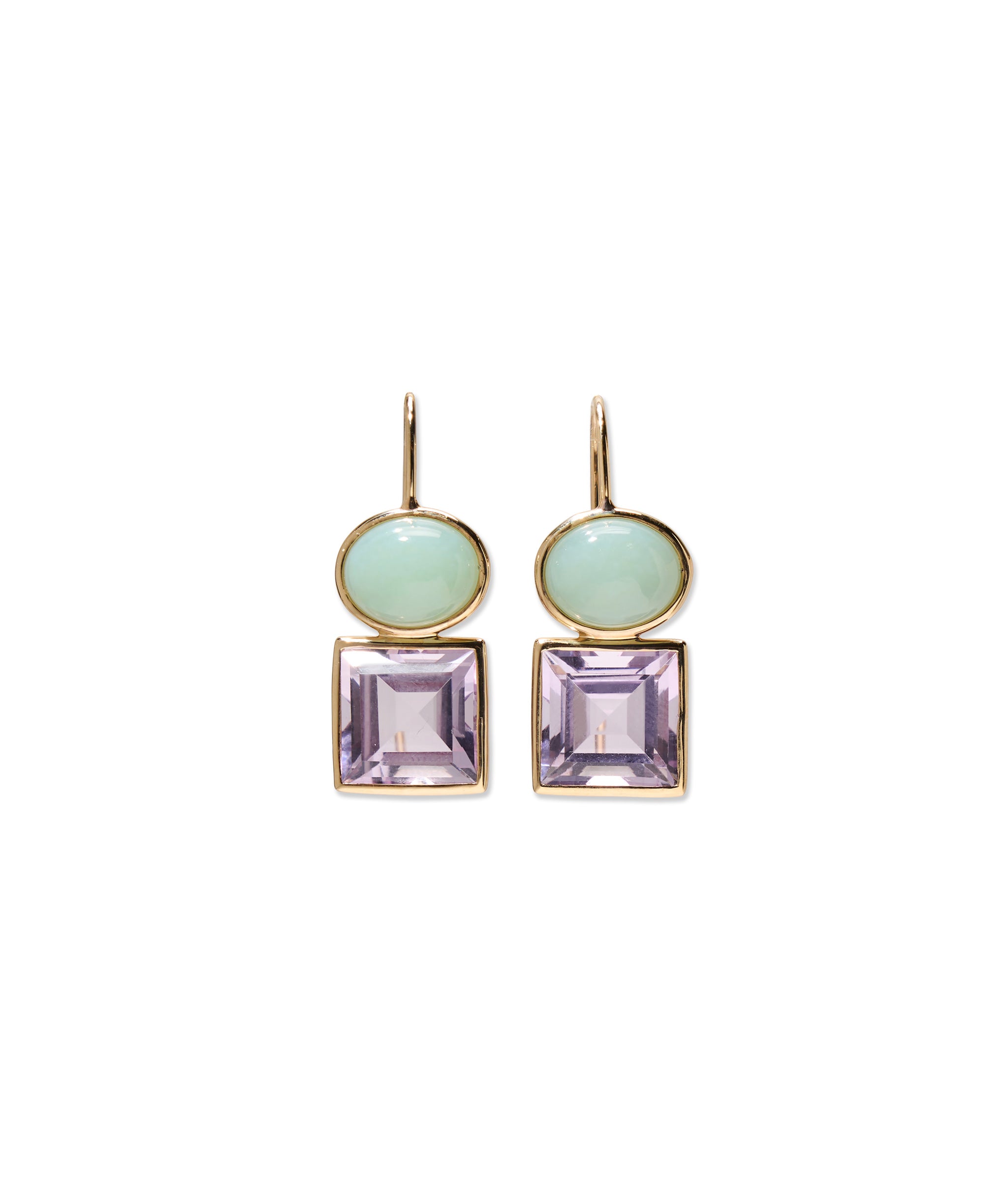 14k Gold Duo Earrings in Light Green Chalcedony & Pink Amethyst