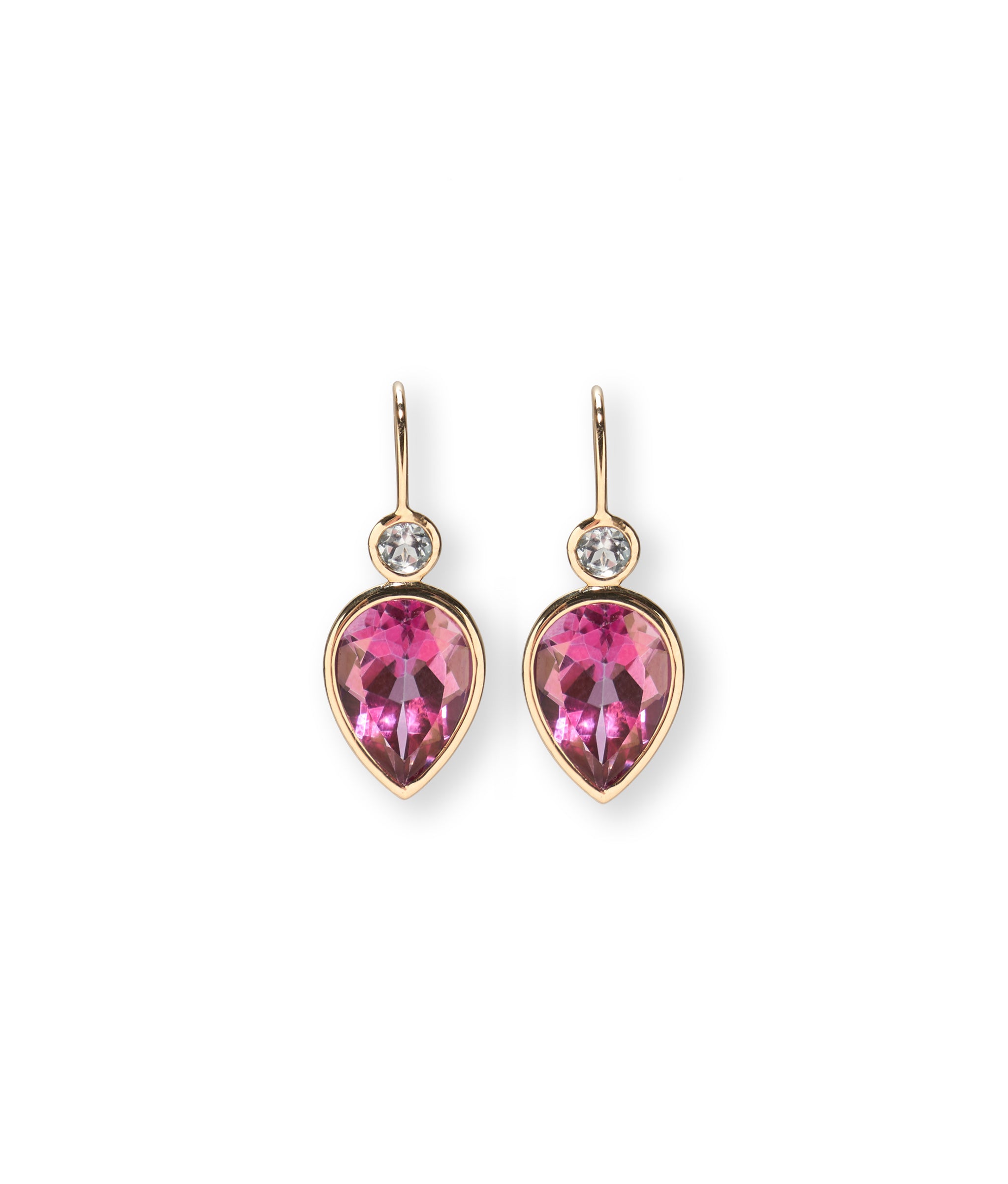Hera Earrings in Pink Topaz. Sky blue topaz faceted, pear-shaped pink topaz stones, enrobed in 14k gold bezels.
