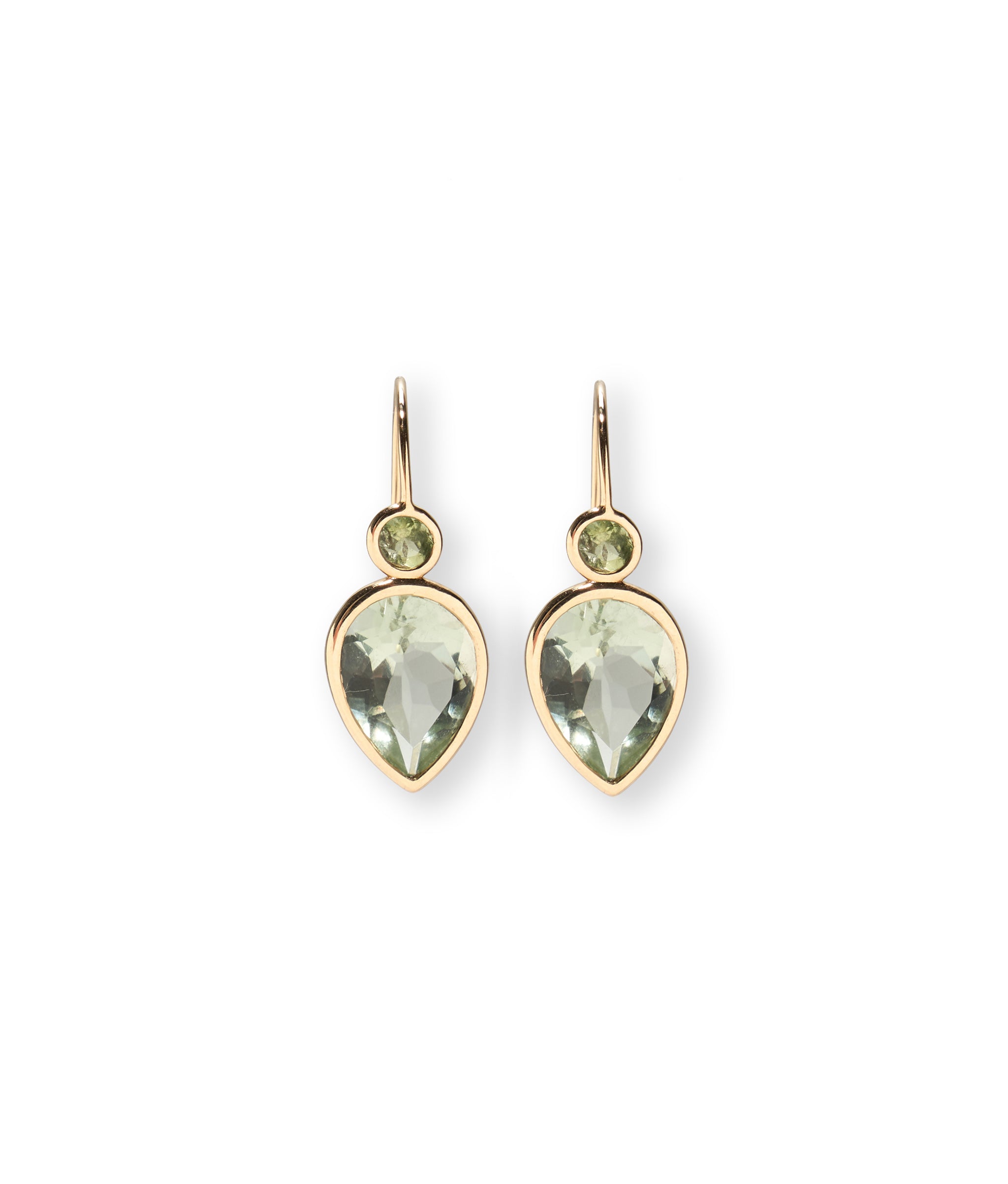 Hera Earrings in Green Amethyst. Faceted pear-shaped green amethyst stones, enrobed in 14k gold bezels.
