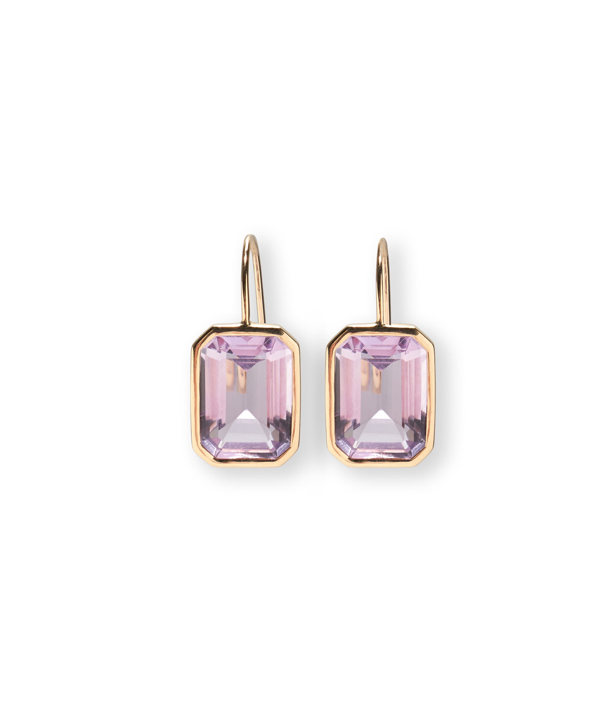 Aria Earrings in Pink Amethyst. Featuring large, faceted pink amethyst stones with 14k gold bezels and earwires.