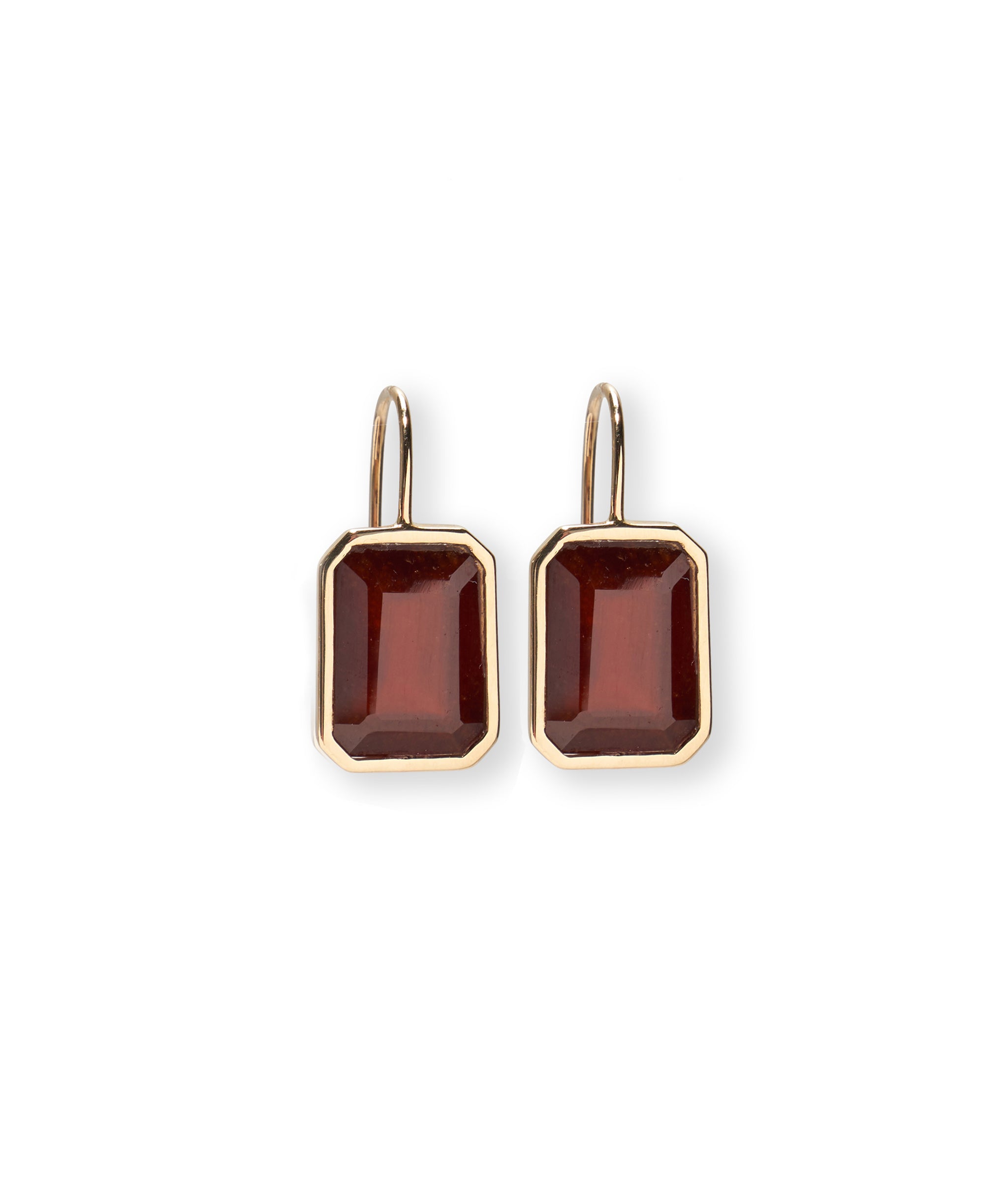 Aria Earrings in Hessonite Garnet. Featuring large, faceted hessonite garnet stones with 14k gold bezels and earwires.