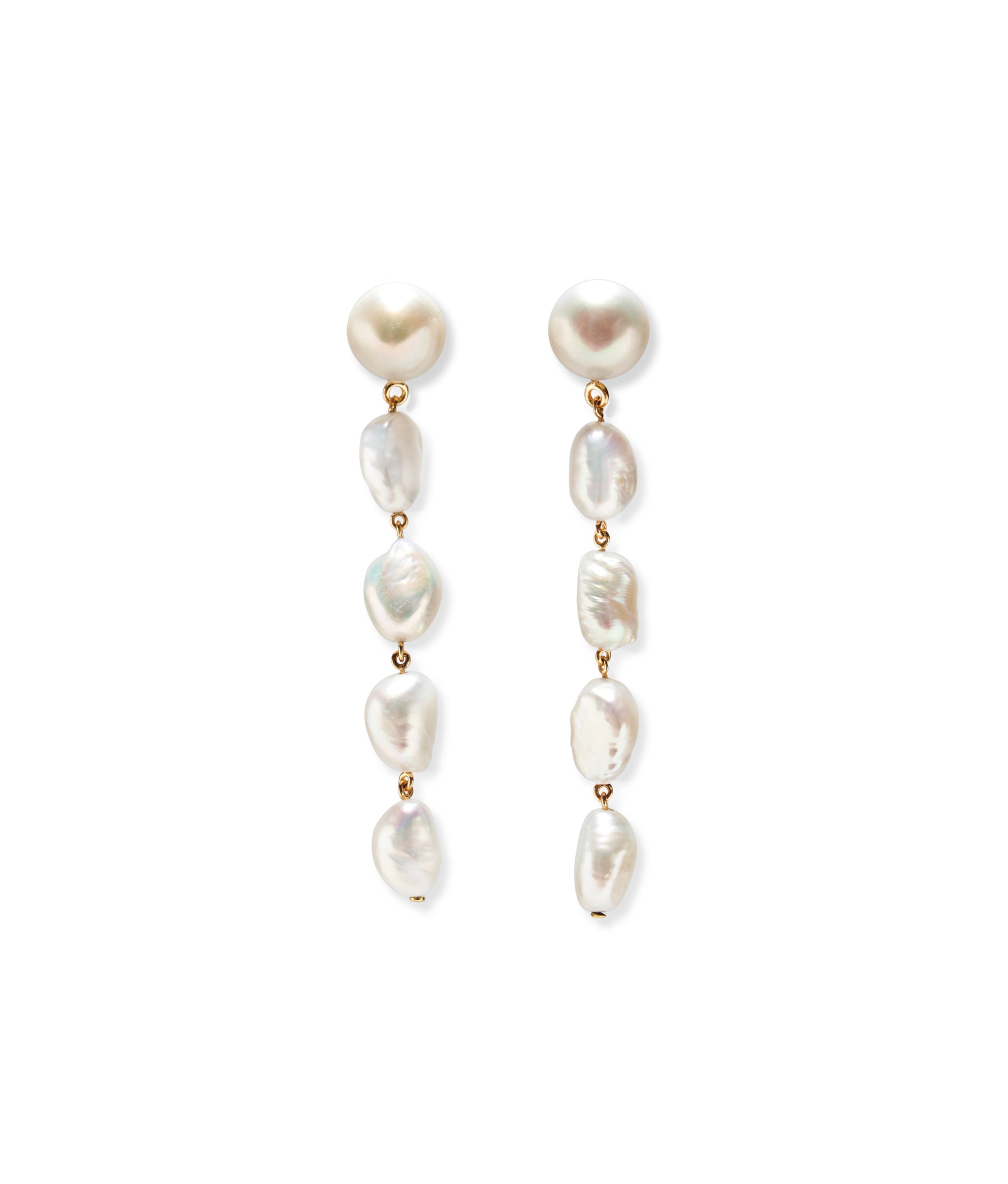 Cairo Earrings. Columns of freshwater pearls linked with loops of gold-plated brass.