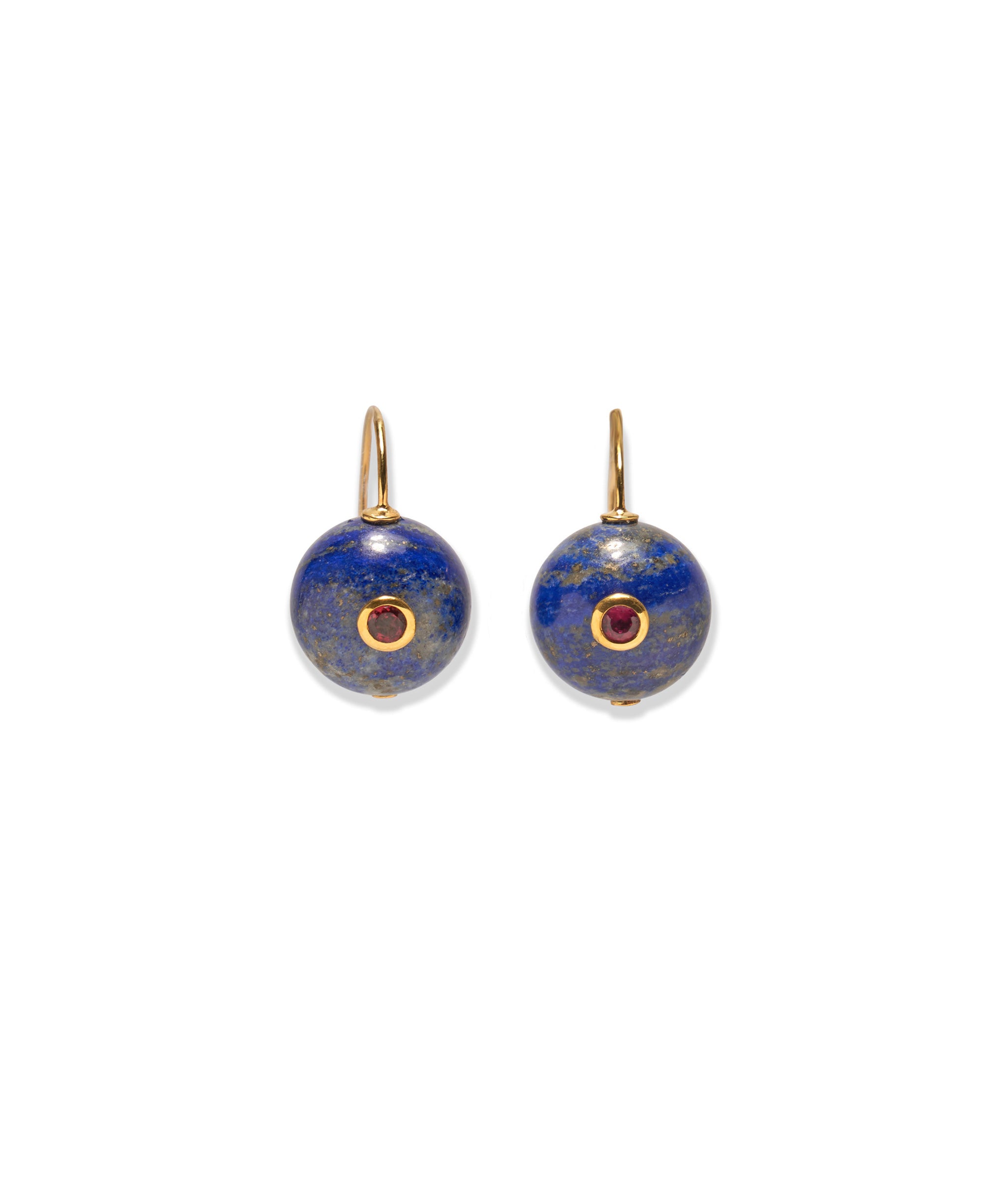 Comet Earrings in Lapis. Gold earwires with spherical lapis stones inlaid with faceted pink rhodolite. Alt view.