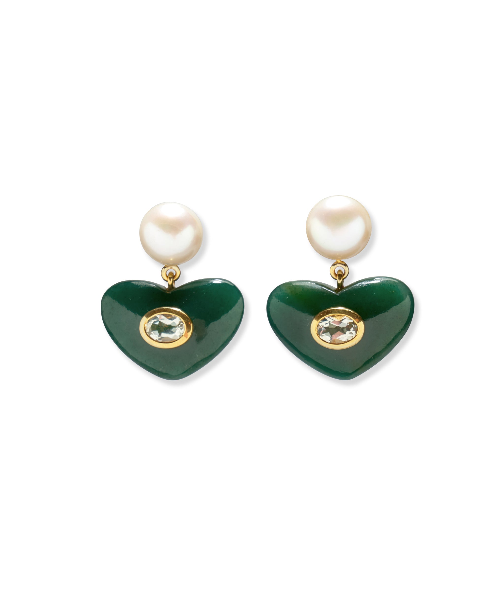 Enamored Earrings in Jade. Large freshwater pearl tops, jade heart drops with faceted green amethyst stones.