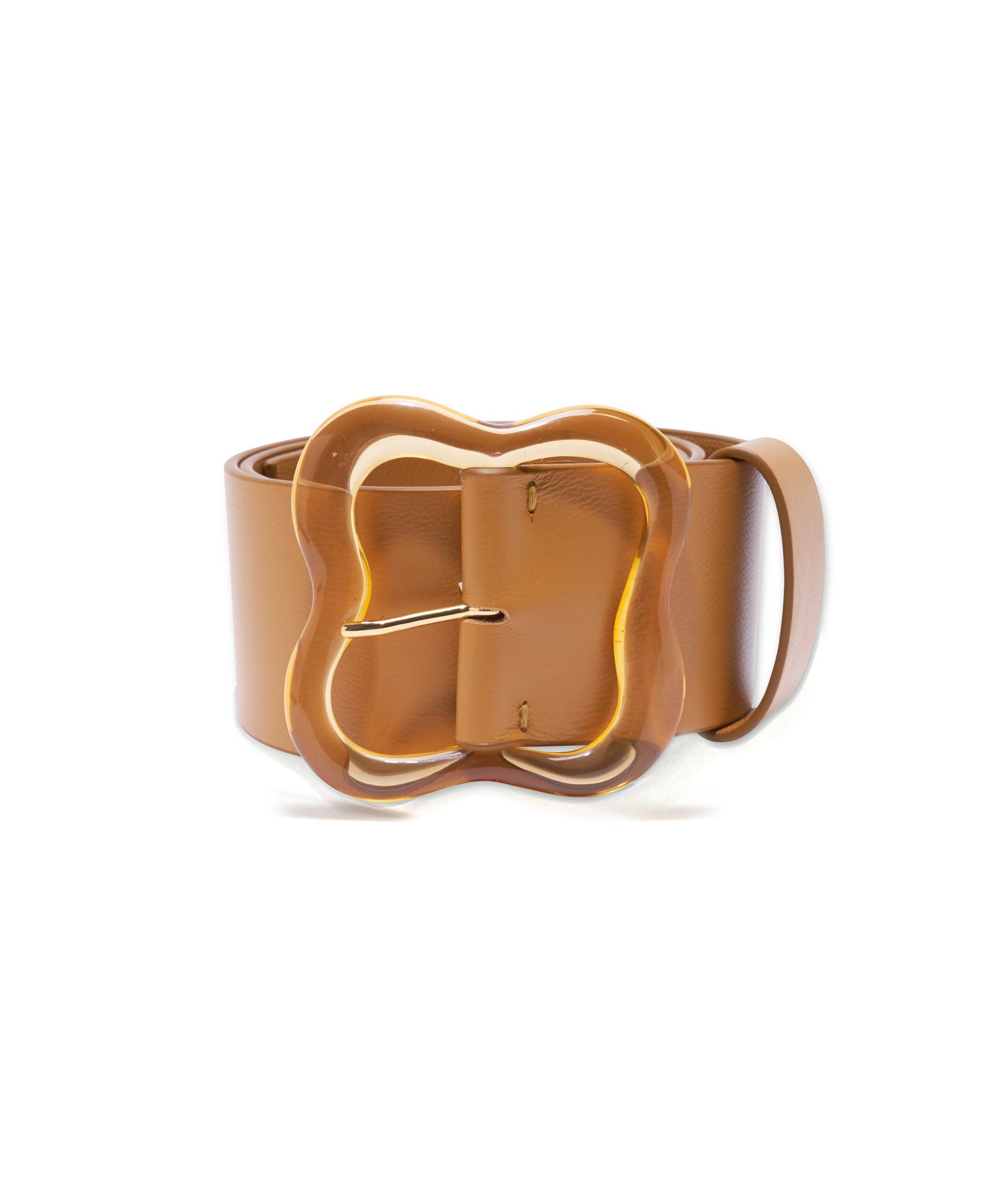 Florence Belt in Amber. Wide amber brown leather belt with honey-colored resin clover buckle.