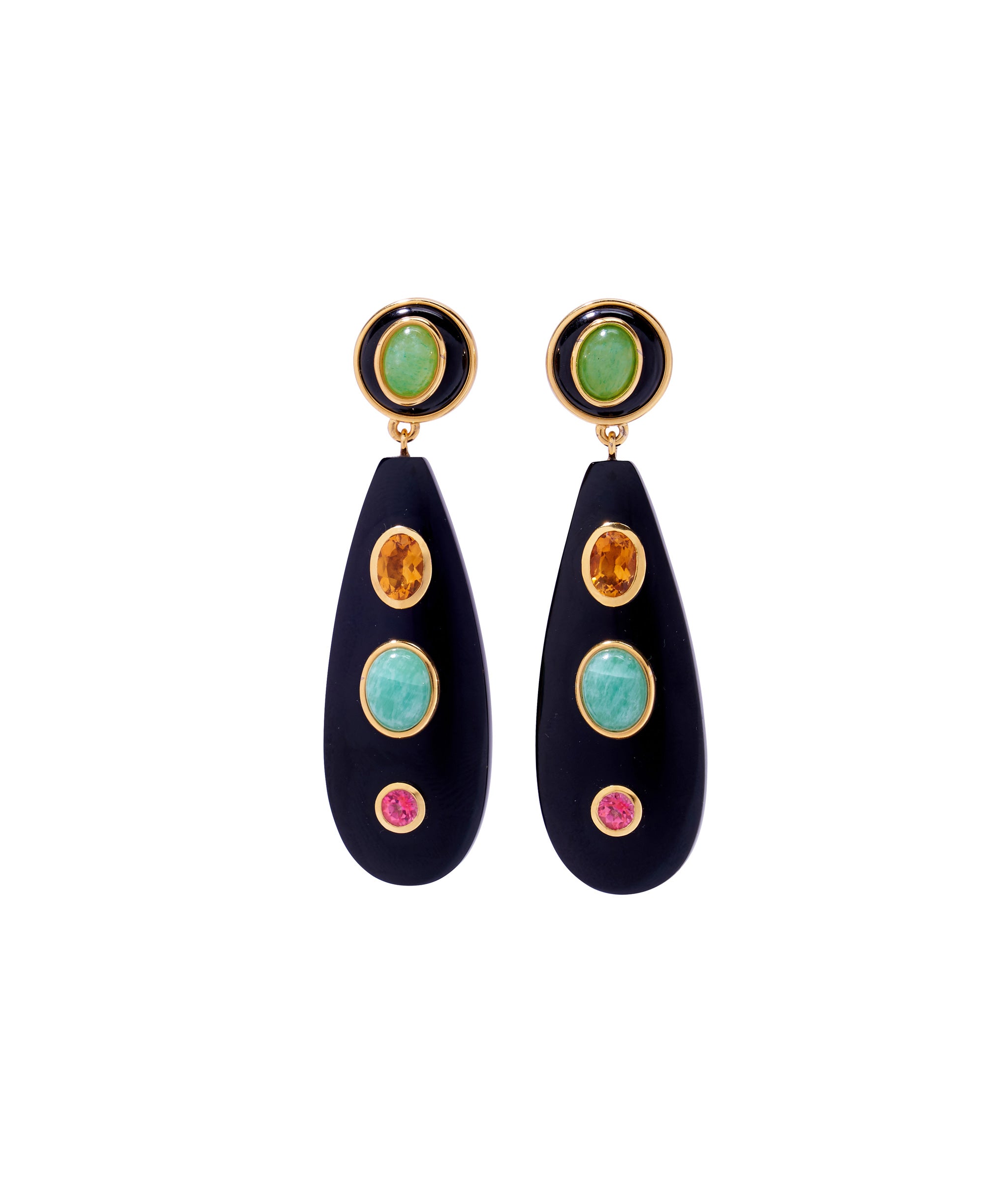 Torre Earrings. Amazonite cabochon tops with black agate drops inlaid with citrine, amazonite, and pink topaz stones.