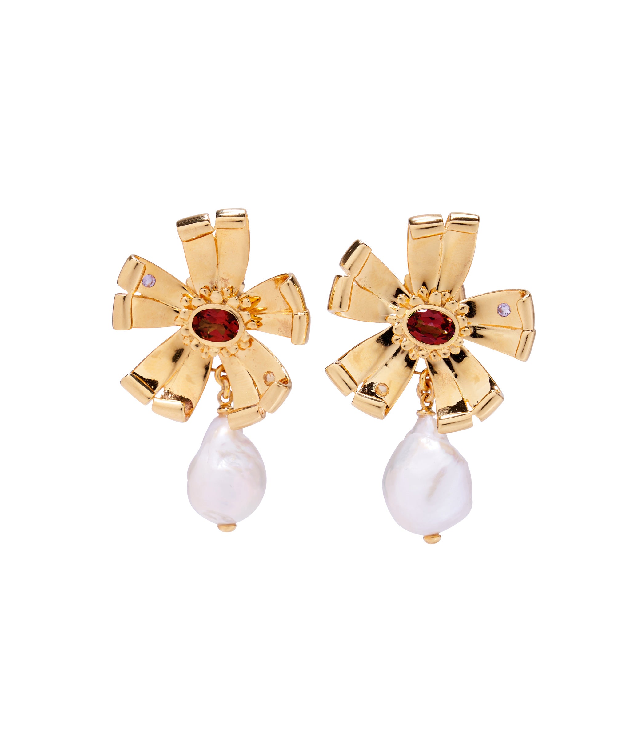 Lotus Pearl Earrings in Gold. Gold-plated brass flowers inset with garnet stone centers, with hanging pearl drops.