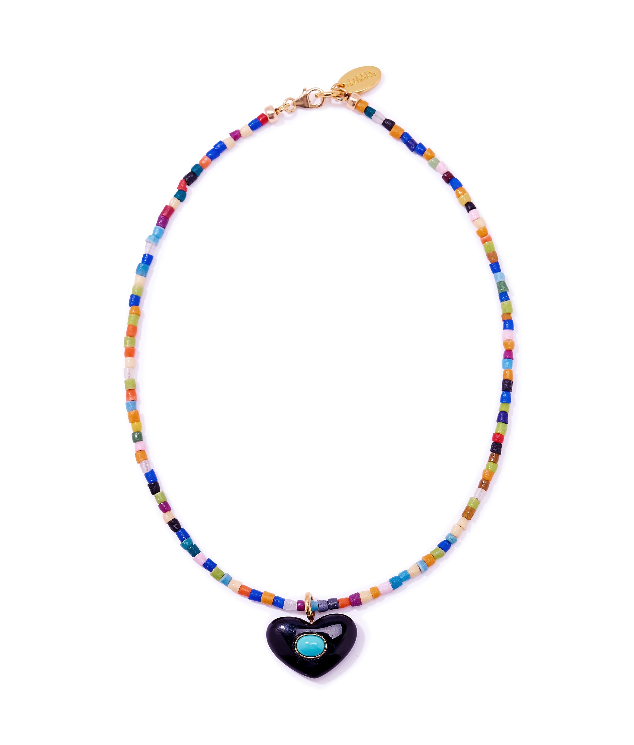Martina Heart Necklace in Rainbow. Colourful glass seed beads with black agate heart pendant inlaid with turquoise stone
