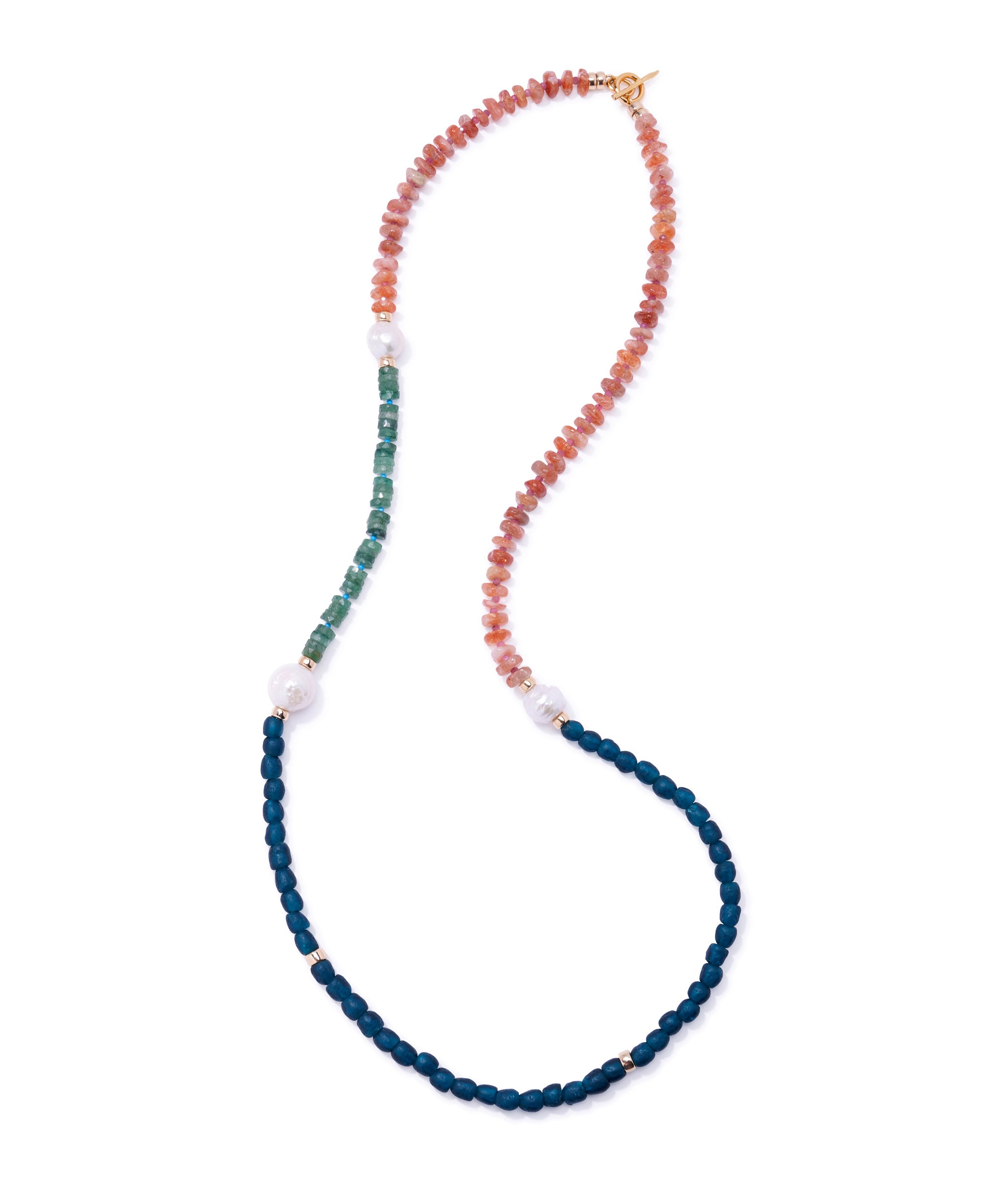 Cabana Necklace in Terra, shown as one long colorful semiprecious beaded strand.