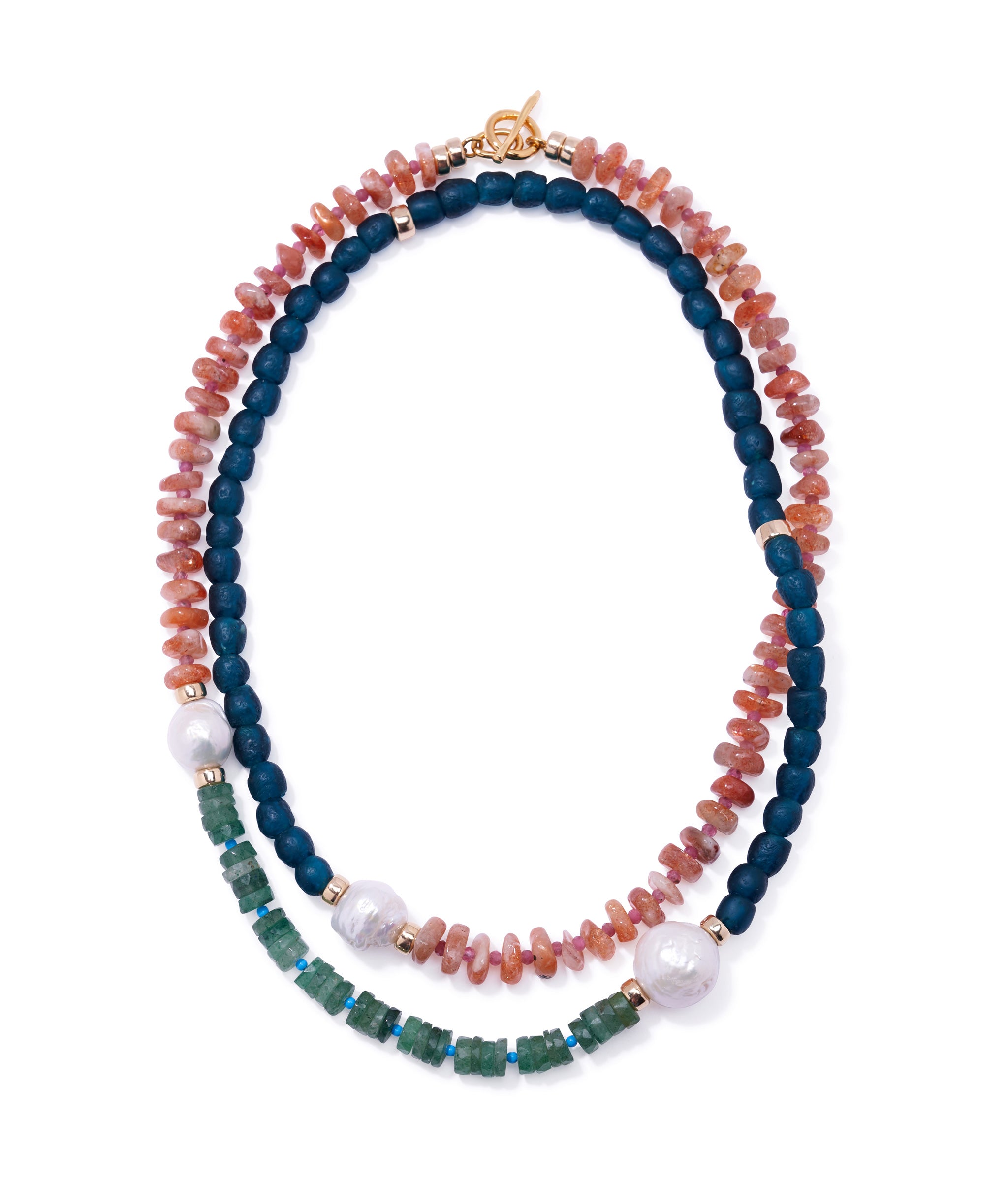 Cabana Necklace in Terra. Color-blocked beads in pink tourmaline, green quartz, and teal glass with large pearl accents.