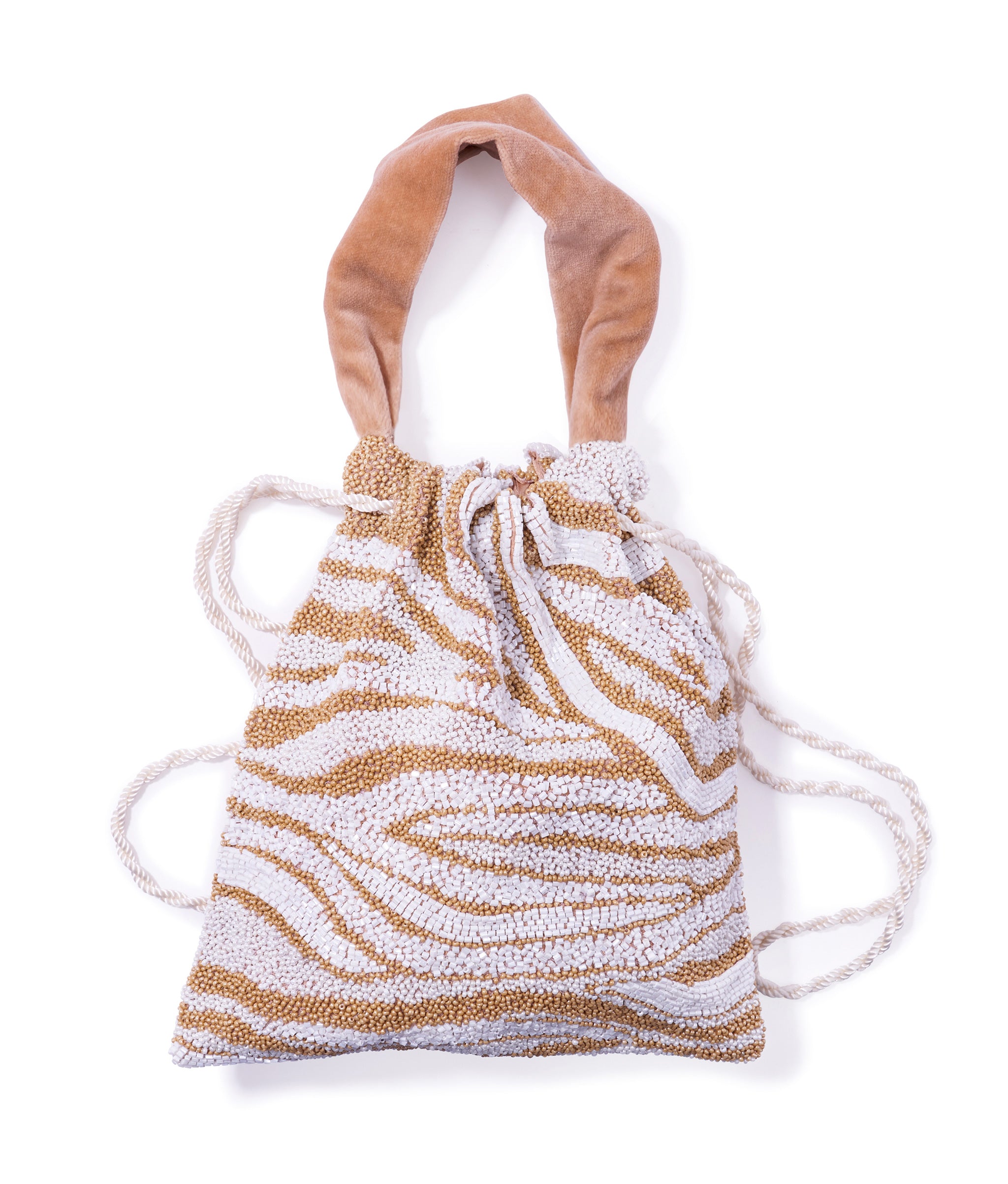 Gala Bag in Tan Zebra. Soft purse beaded with tan and ivory zebra-print pattern and tan velvet top handle. 
