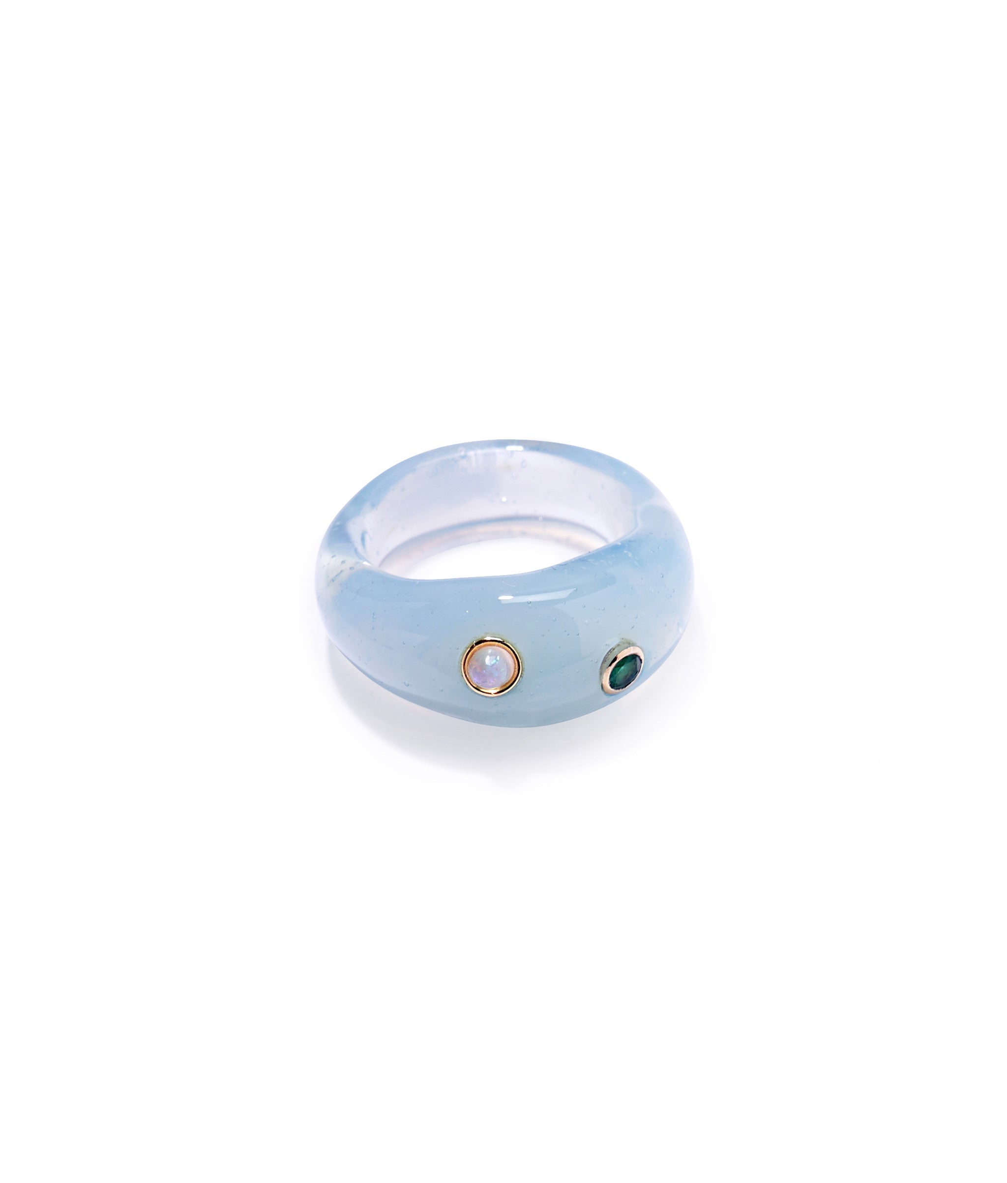 Monument Ring in Sky. Light blue domed glass cocktail ring inset with emerald and opal stones.