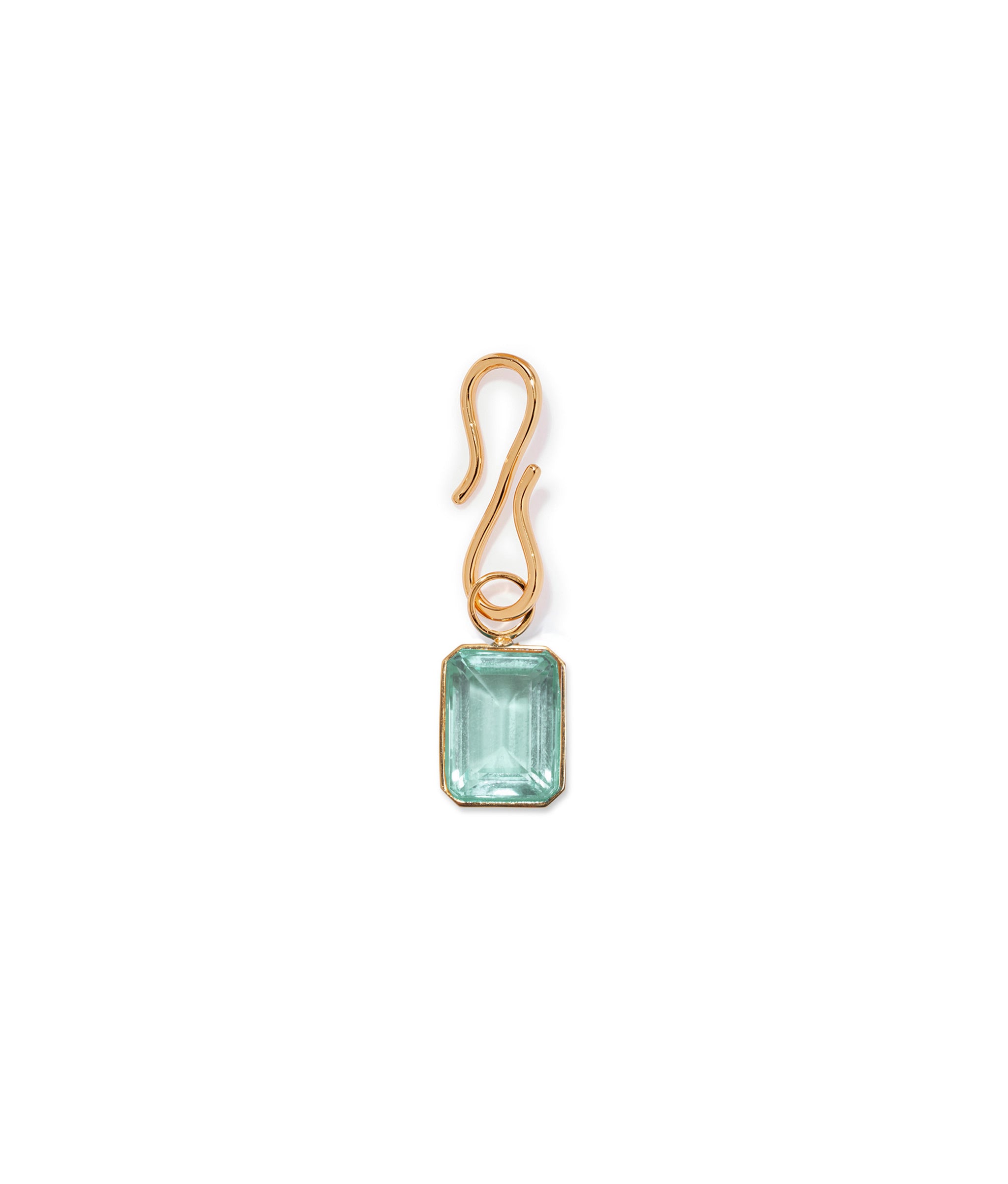 Candyland Charm in Aquamarine. Gold-plated s-hook with rectangular faceted light aqua crystal charm.