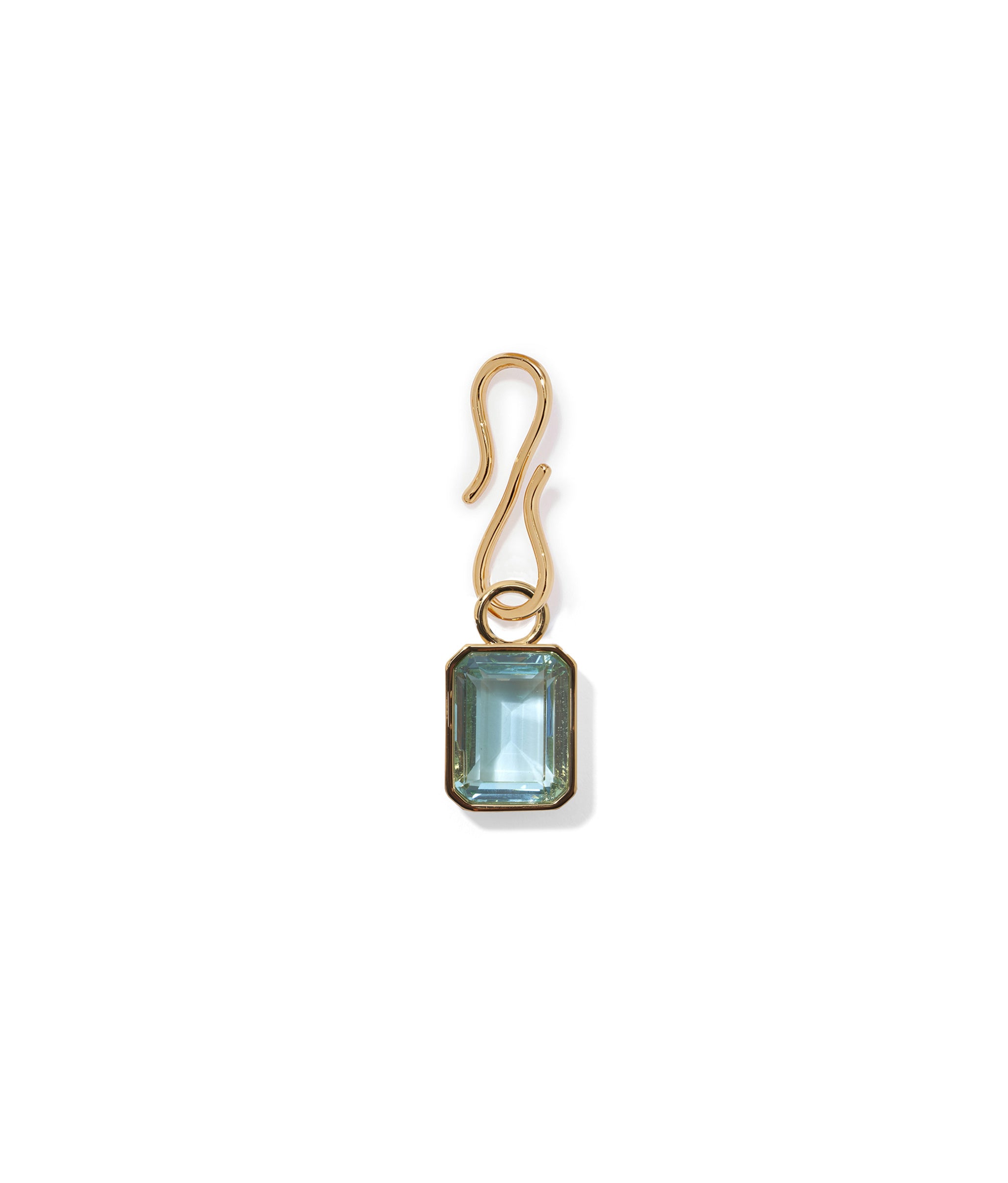 Candyland Charm in Aquamarine. Gold-plated s-hook with rectangular faceted light aqua crystal charm.