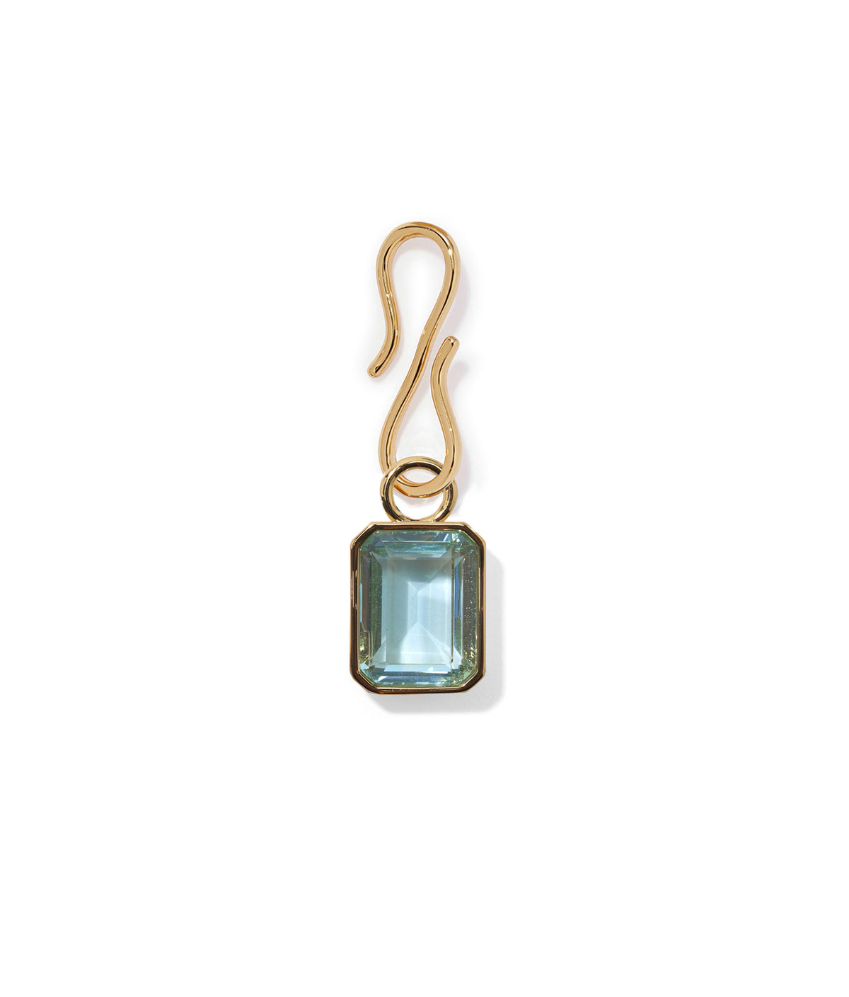 Candyland Charm in Aquamarine. Gold-plated s-hook with rectangular faceted light aqua crystal charm.