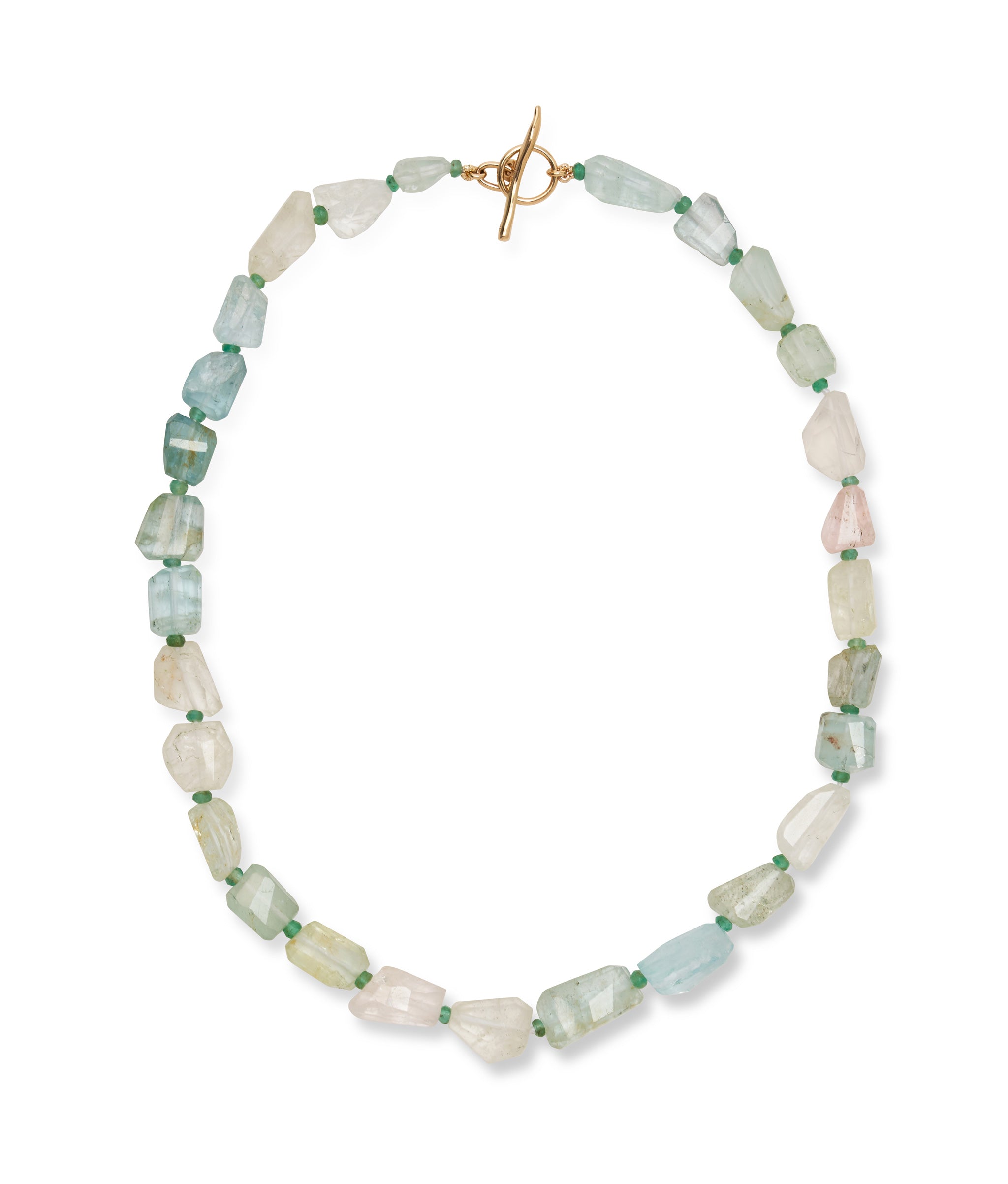 Small Faceted Aquamarine Nugget, Emerald & 14k Gold Necklace. Freeform blue-green nuggets with tiny emeralds.