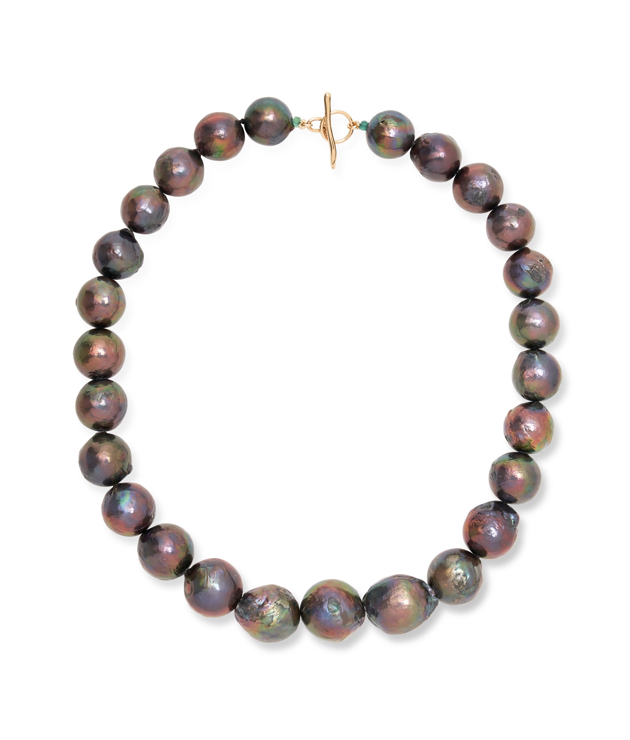 Peacock Baroque Pearl & 14k Gold Necklace. Dark, round pearl collar necklace with tiny emeralds at gold closure.