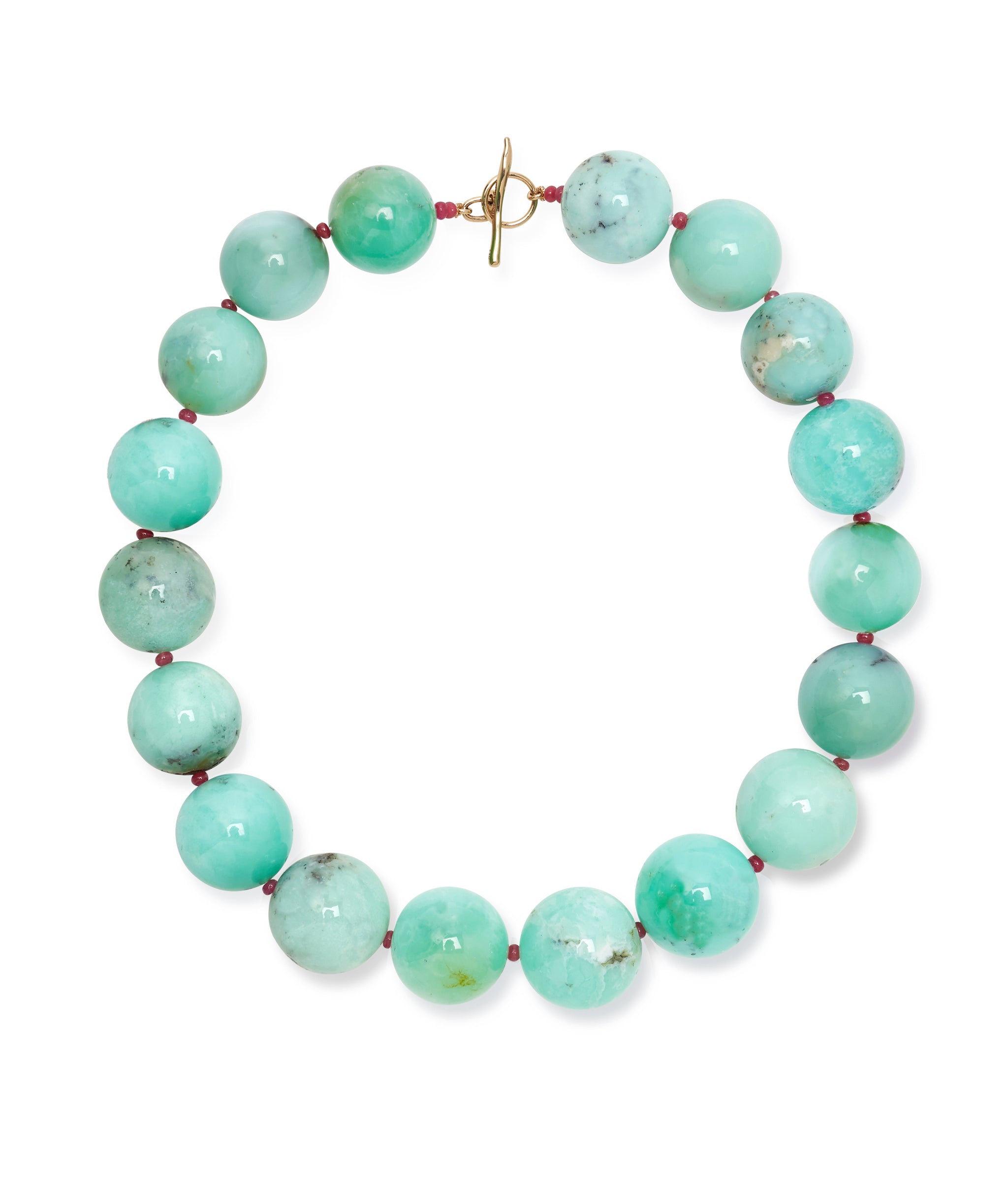 Jumbo Chrysoprase, Ruby & 14k Gold Necklace. Large round blue-green beads with tiny rubies and gold toggle closure.