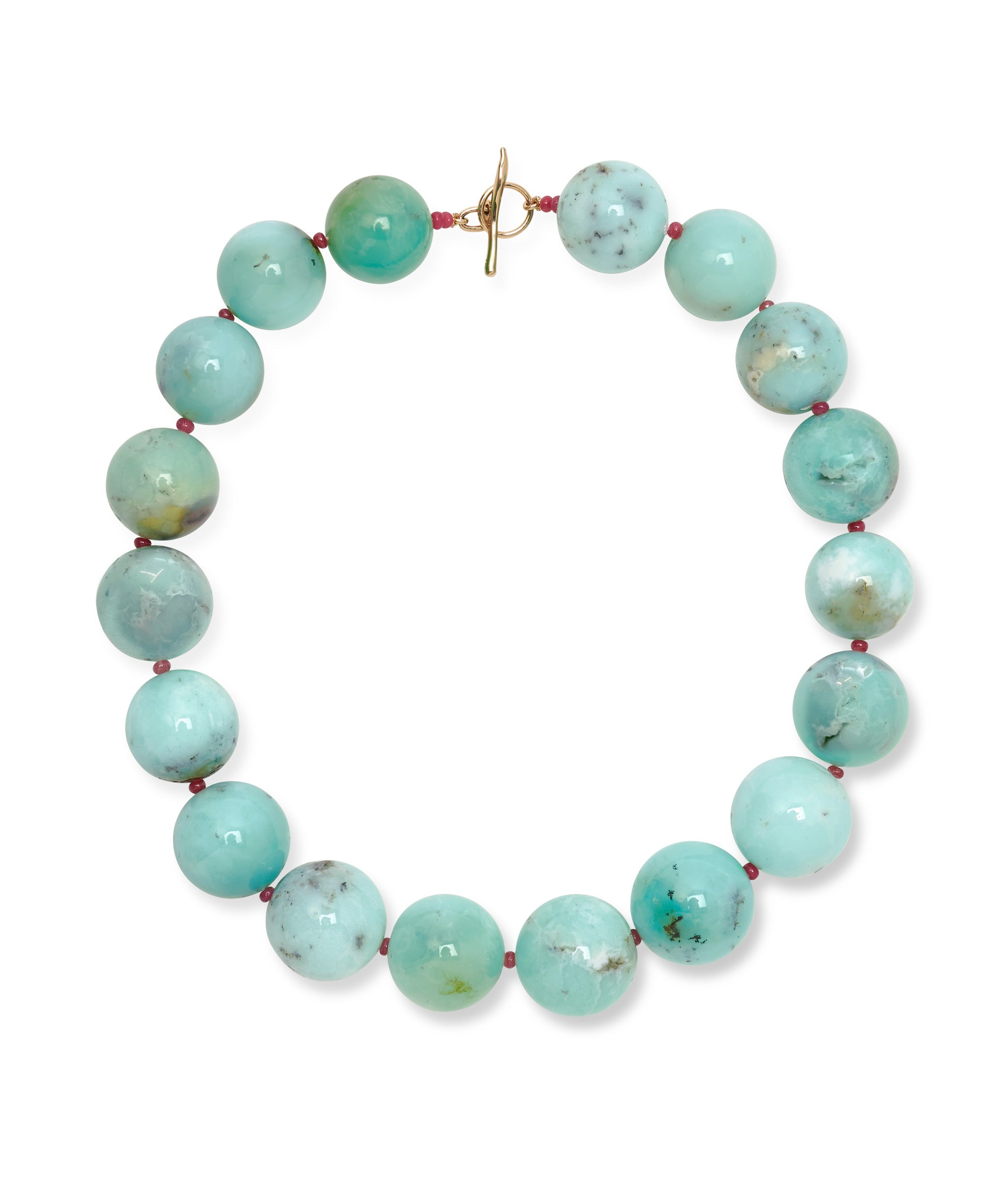 Jumbo Chrysoprase, Ruby & 14k Gold Necklace. Large round blue-green beads with tiny rubies and gold toggle closure.