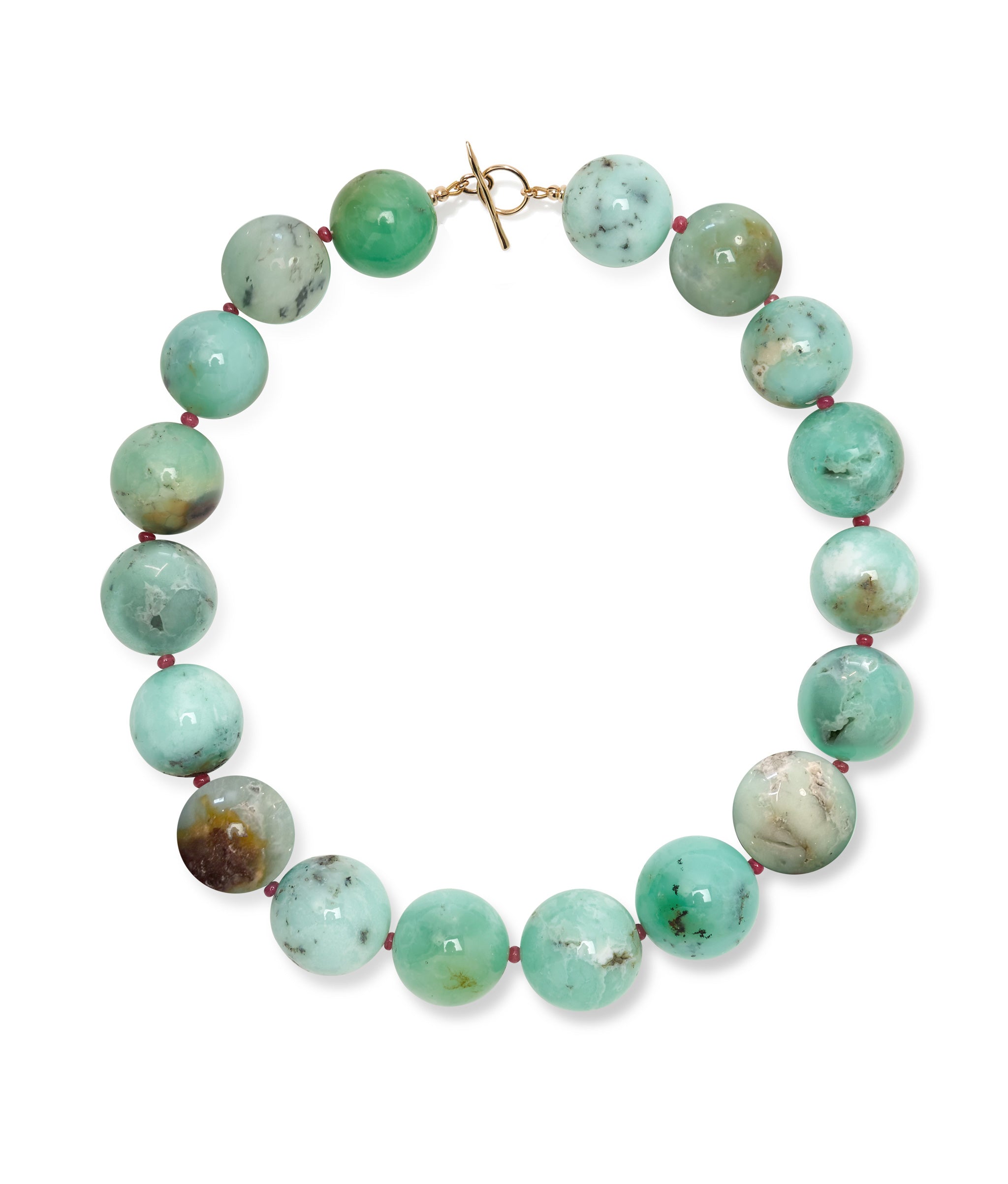 Jumbo Chrysoprase, Ruby & 14k Gold Necklace. Large round blue-green beads with tiny rubies and gold toggle closure.