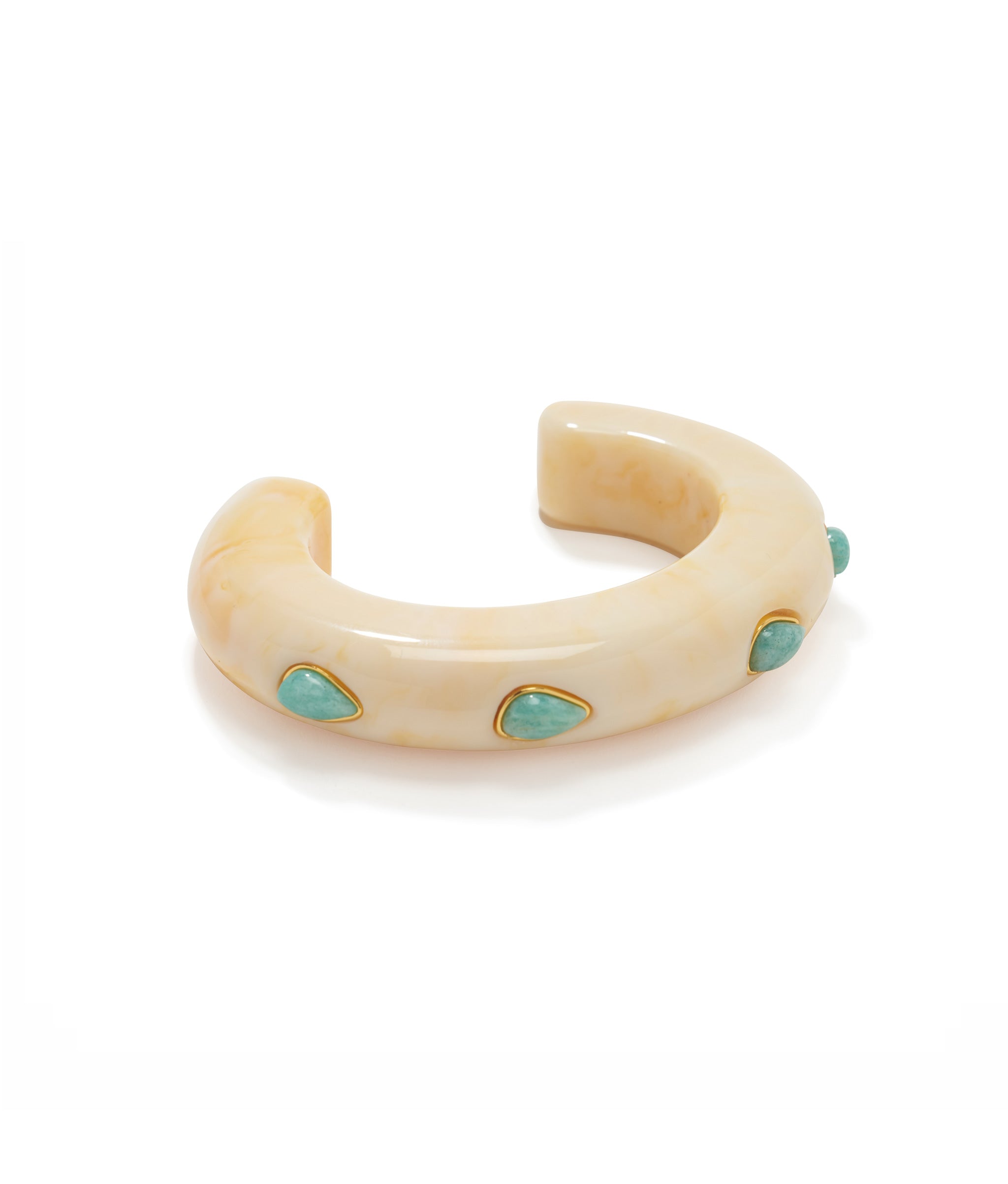 Ridge Cuff In Alabaster and Amazonite ivory-colored, thin domed resin cuff studded with gold-plated bezels.