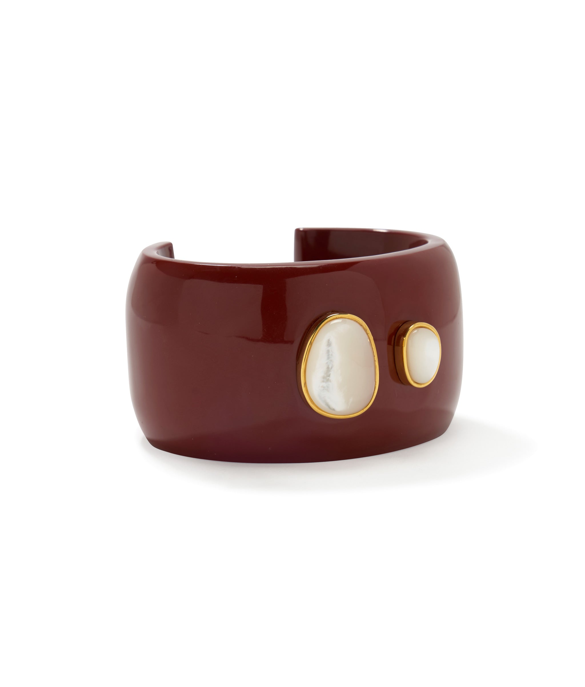 Lanna Cuff In Pearl in a wide chestnut-brown resin bracelet with gold-plated bezels and freshwater pearls.