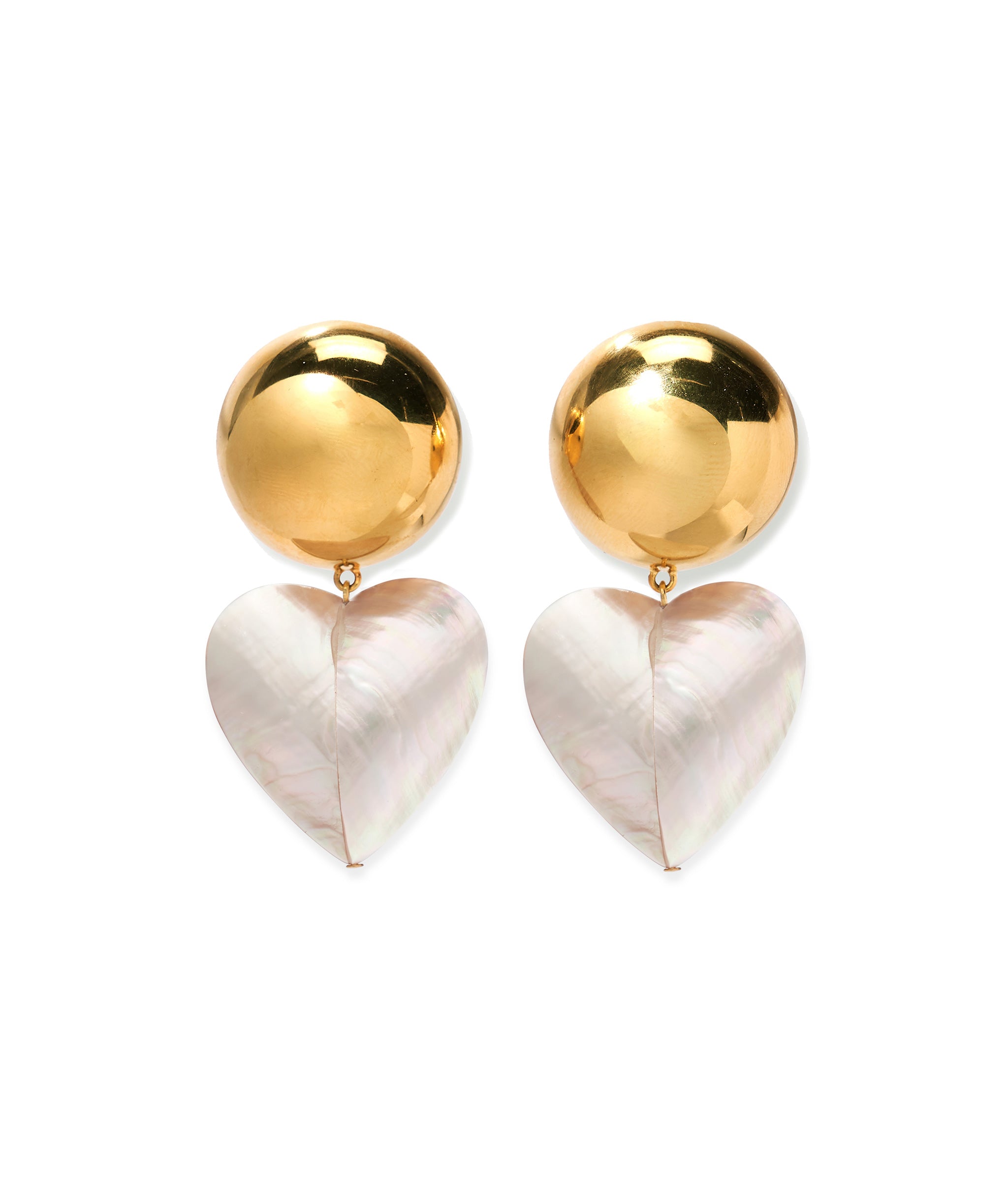 Rodan Hear Earrings  in oversized gold-plated disc clip-on earrings, with nautilus shell heart drops.