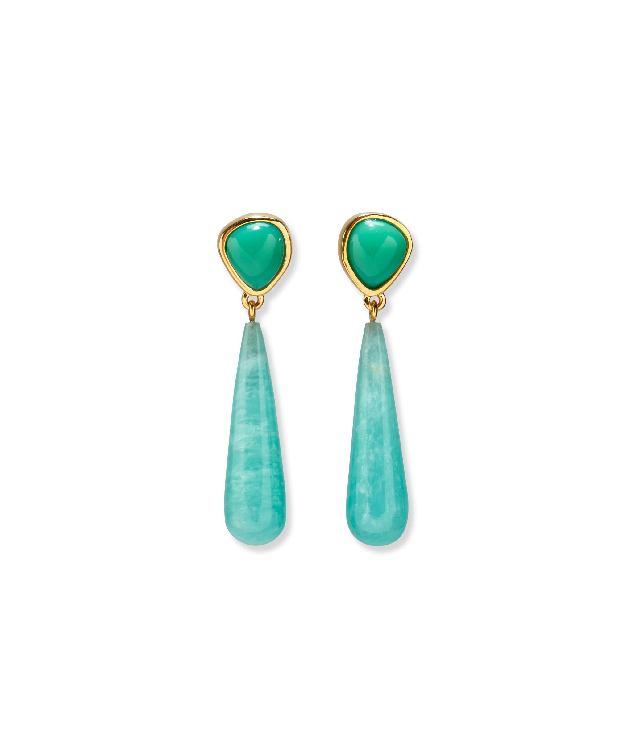 Alaria Drop Earrings made with faceted chrysoprase tops and hanging amazonite teardrops in a white background.