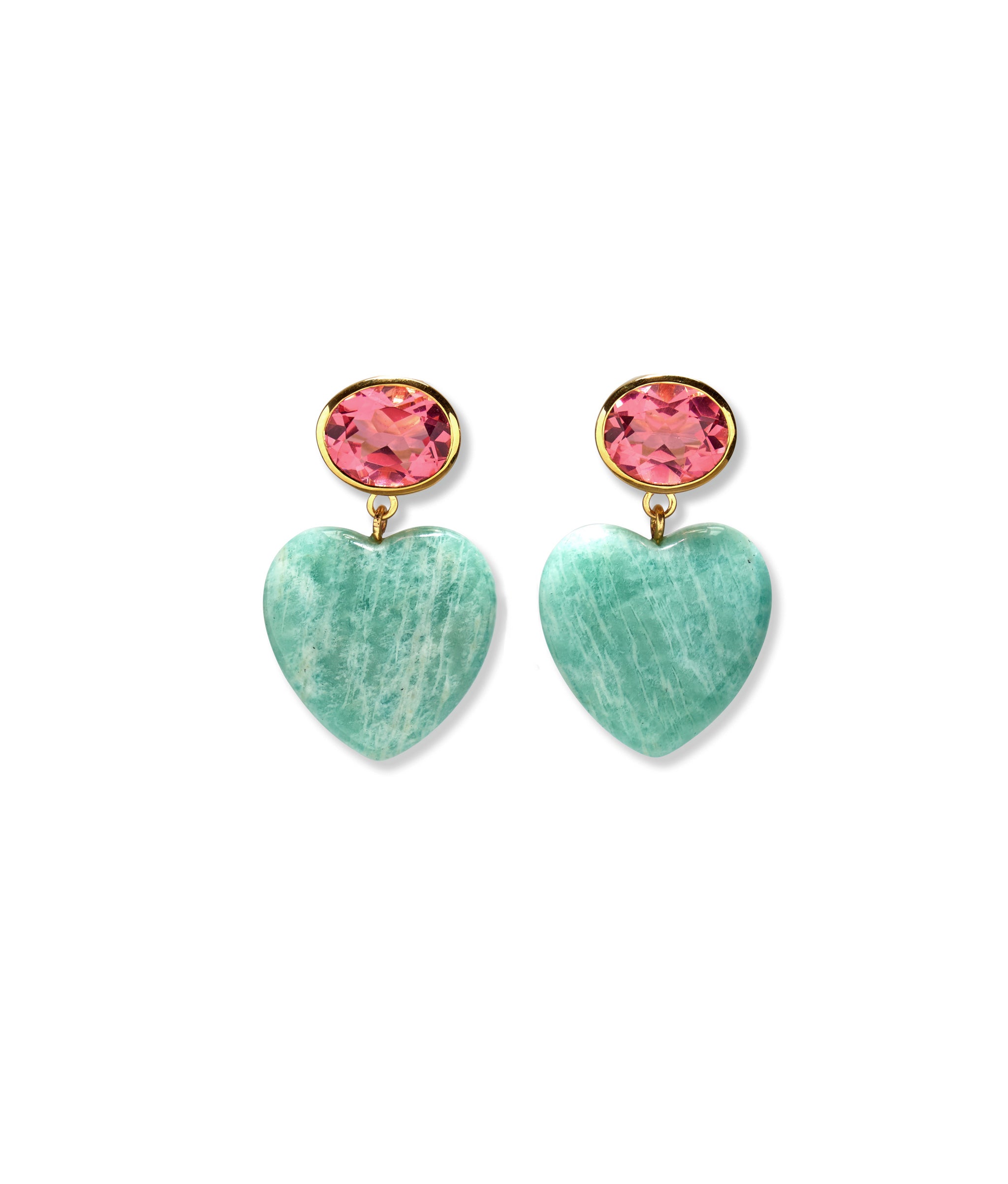 Gemma Earrings in Berry-gold-plated brass earrings, with ruby-colored faceted glass tops and hanging amazonite hearts.