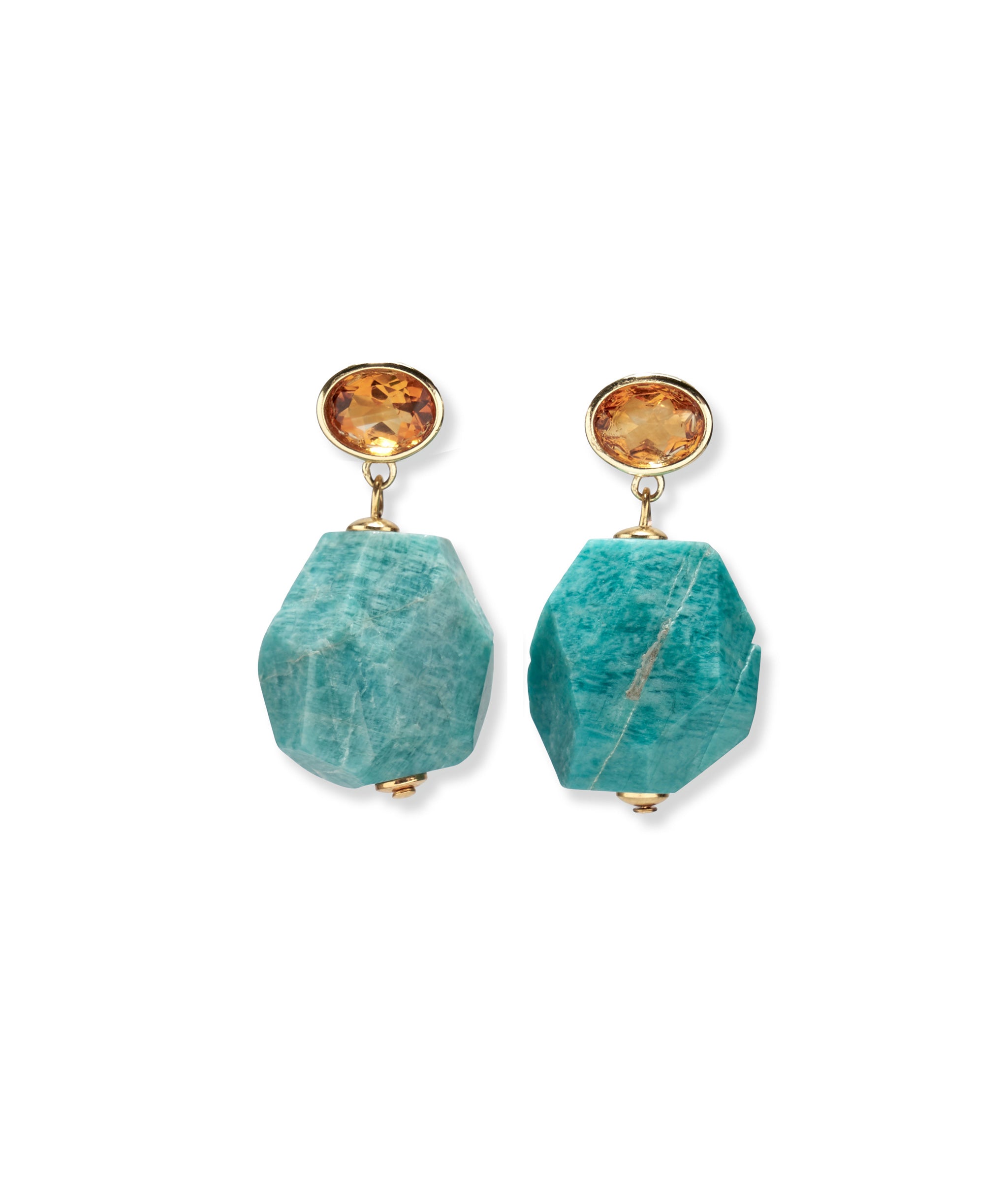 Galapagos earrings,  a pair of gold-plated brass earrings, with faceted citrine tops and amazonite nugget drops.